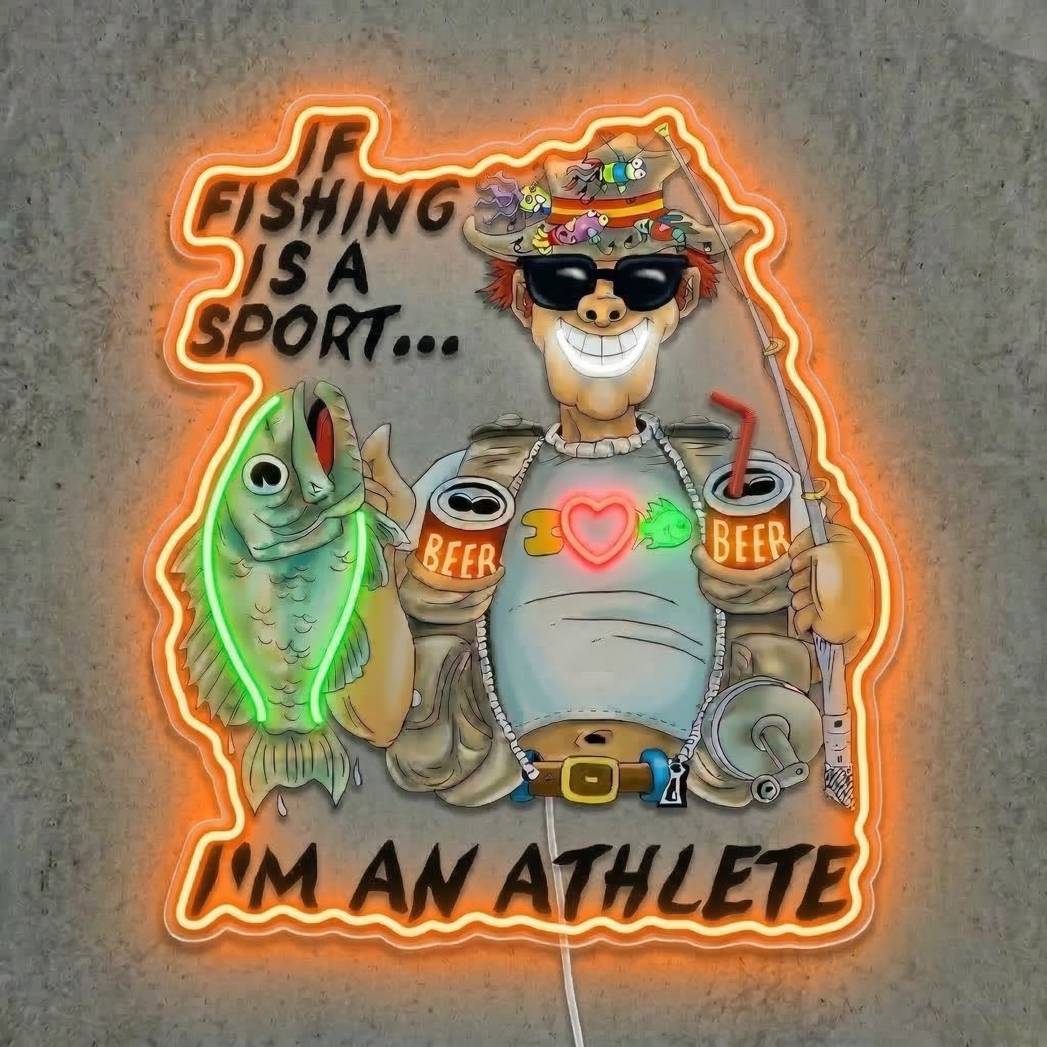 ShineNeon™ Funny Fishing Athlete Neon Sign Beer & Bass LED Wall Decor USB Powered - Shineneon