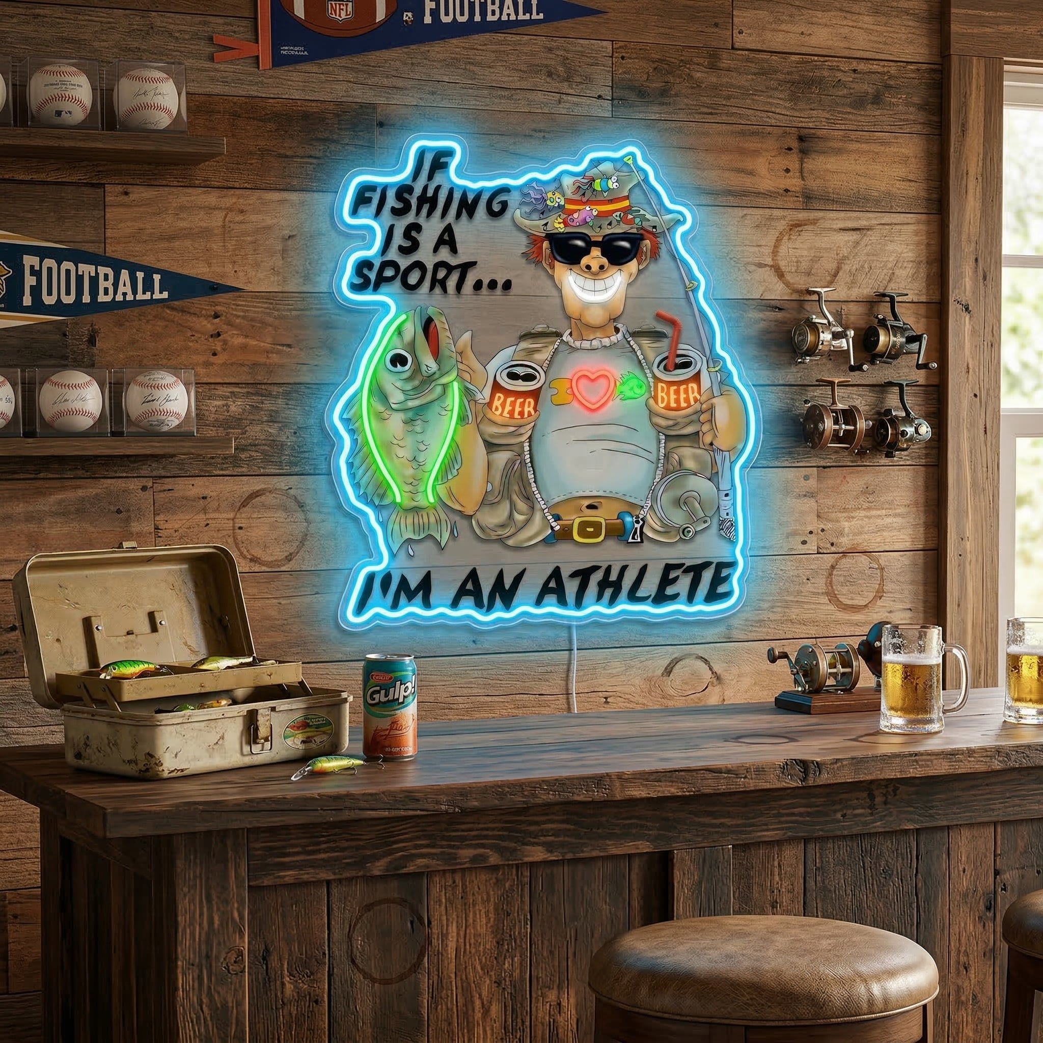 ShineNeon™ Funny Fishing Athlete Neon Sign Beer & Bass LED Wall Decor USB Powered - Shineneon