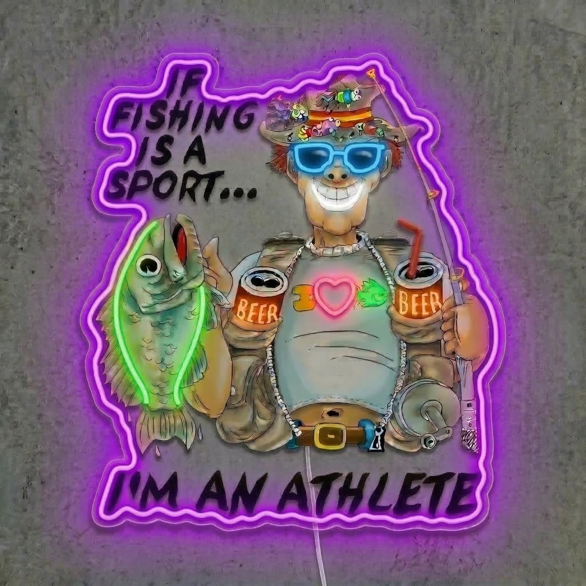 ShineNeon™ Funny Fishing Athlete Neon Sign Beer & Bass LED Wall Decor USB Powered - Shineneon