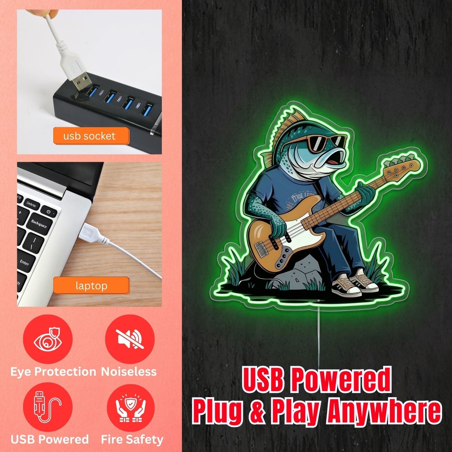 ShineNeon™ Guitar Fish Jam neon sign USB Power - Shineneon