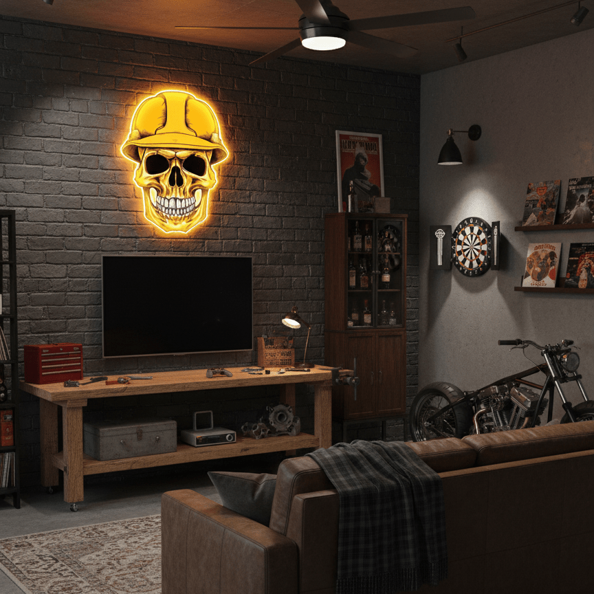 ShineNeon™ Hard Hat Skull LED Neon Sign - Construction Wall Decor for Garage Mancave & Workshop - Shineneon