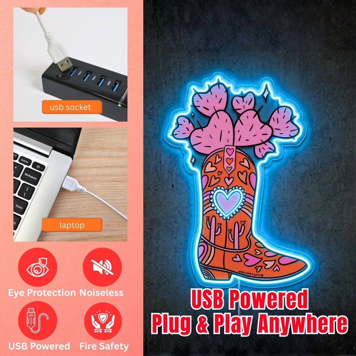 ShineNeon™ Heart Cactus Cowboy Boot Neon Sign Boho Western Wall Decor USB Powered Art - Shineneon