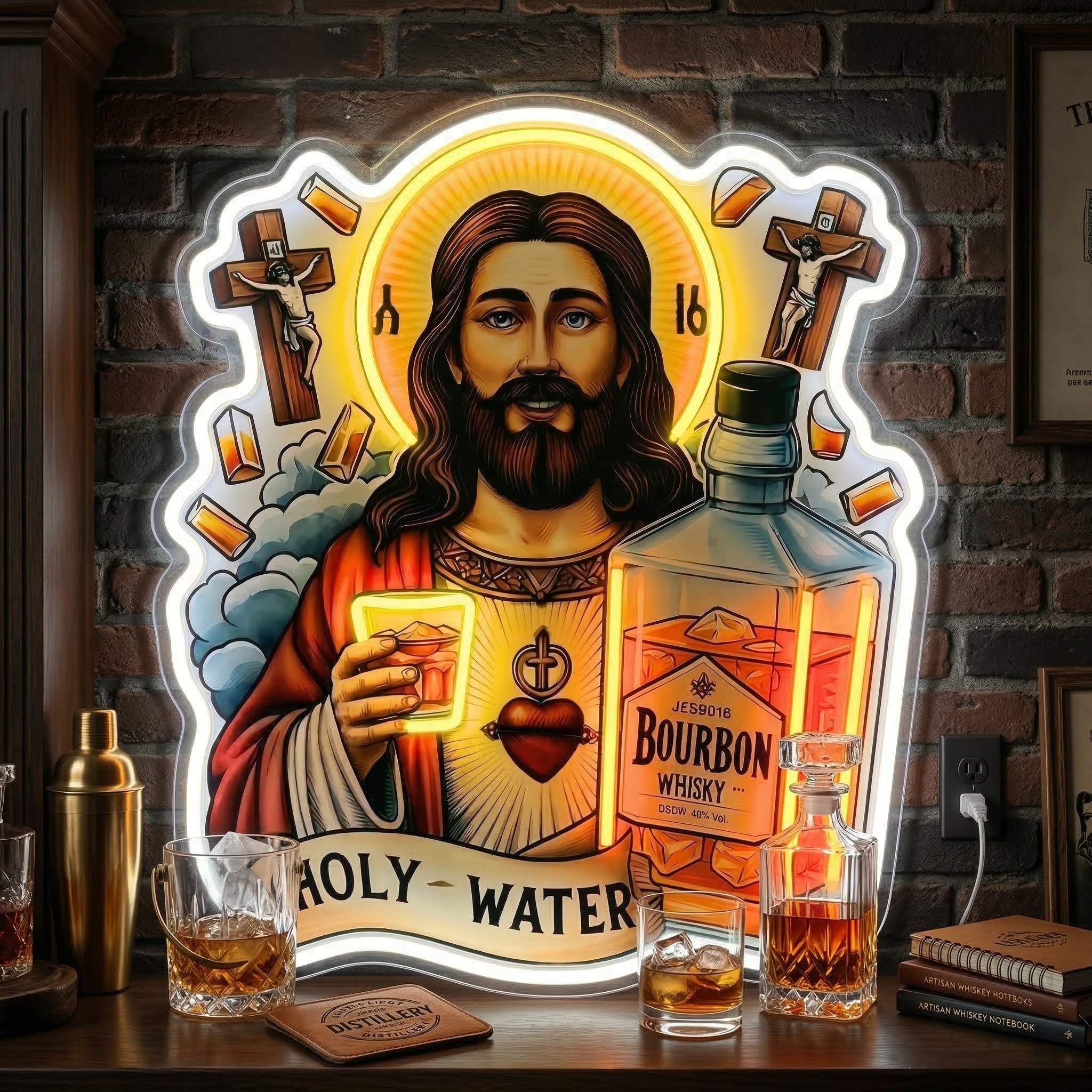 ShineNeonâ„?Holy Water Bourbon Jesus Neon Sign - Funny Home Bar & Man Cave Wall Decor - USB Power - Shineneon