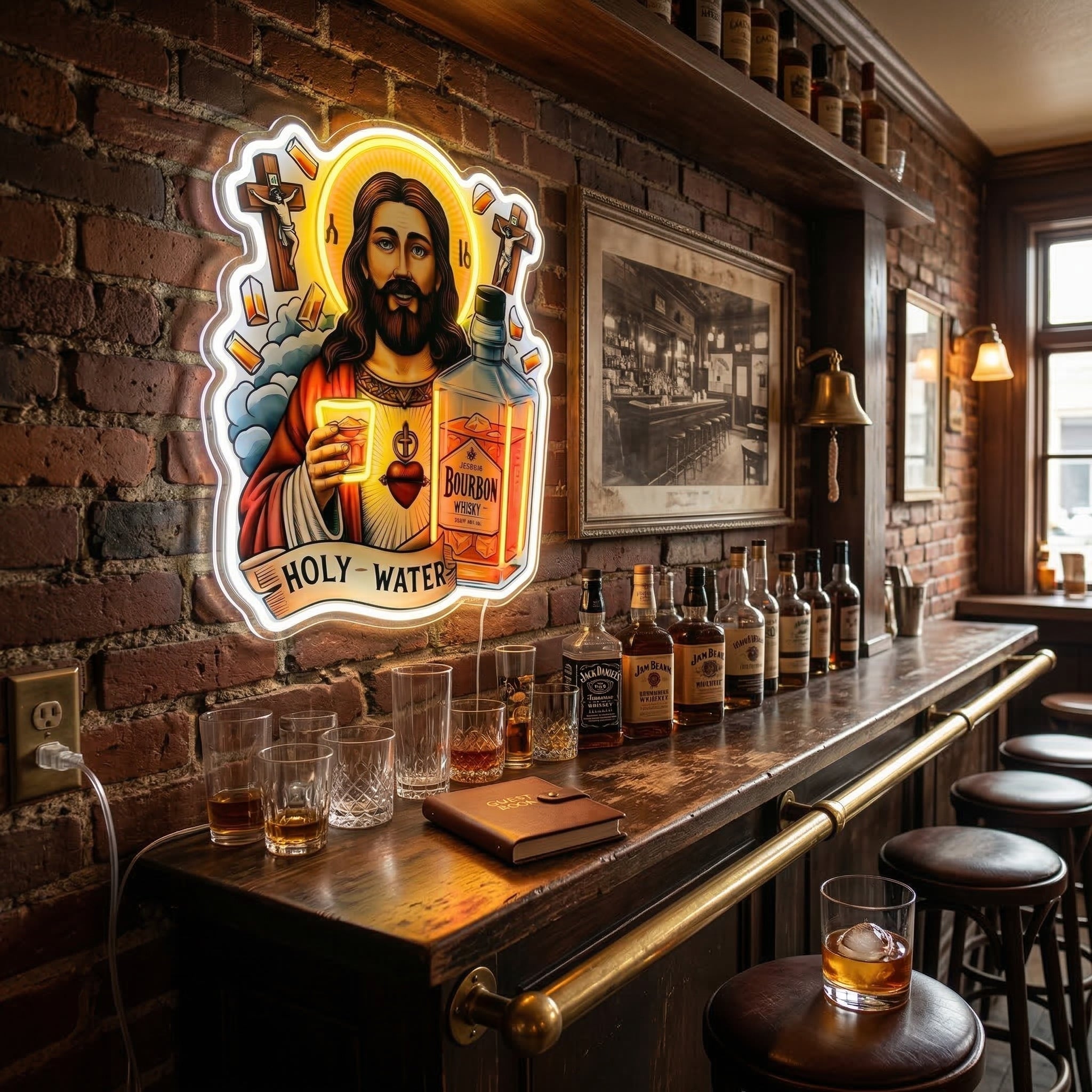 ShineNeonâ„?Holy Water Bourbon Jesus Neon Sign - Funny Home Bar & Man Cave Wall Decor - USB Power - Shineneon