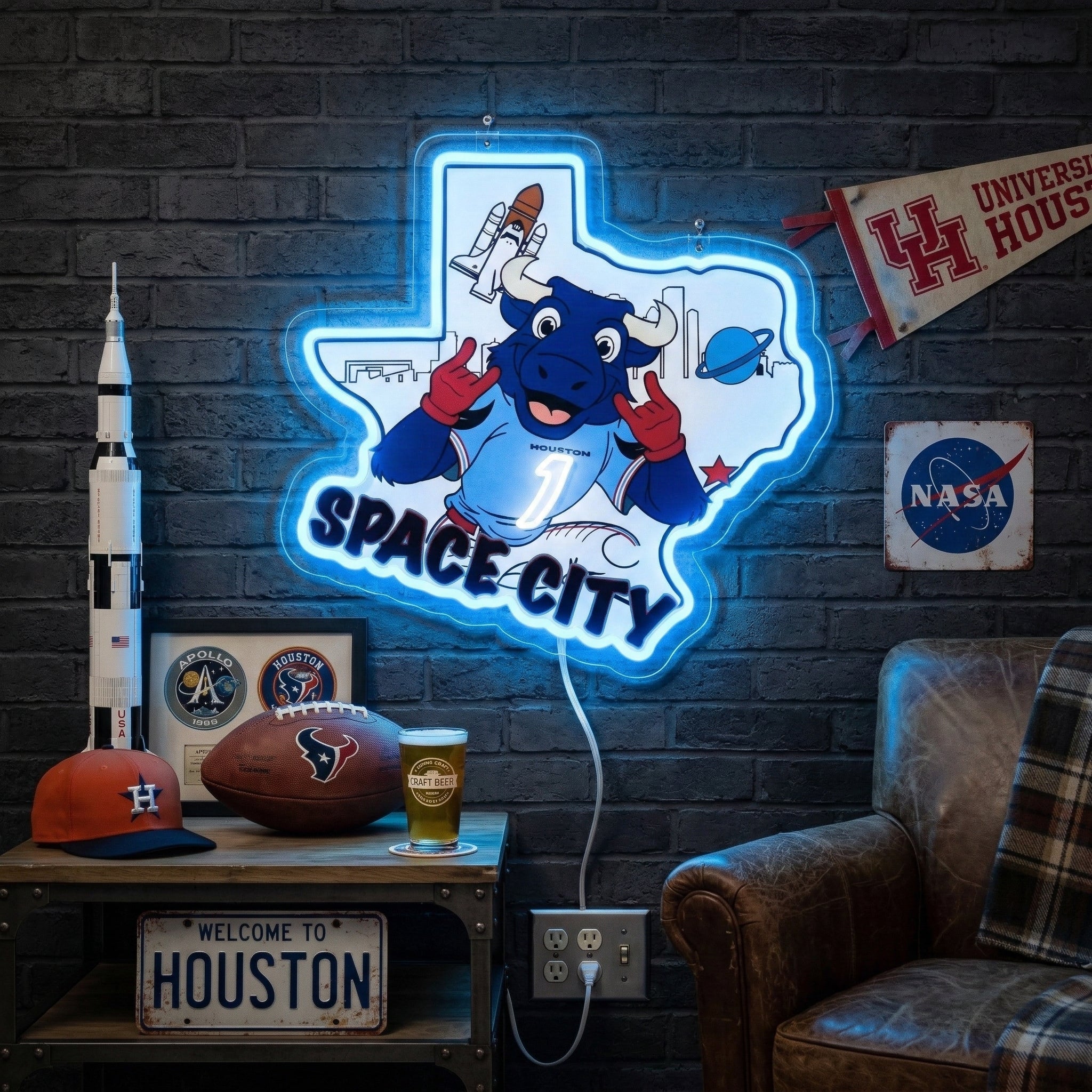 ShineNeon™ Houston Space City Texas Bull LED Neon Sign Multi - Color Sport Cave Vibe USB Power - Shineneon