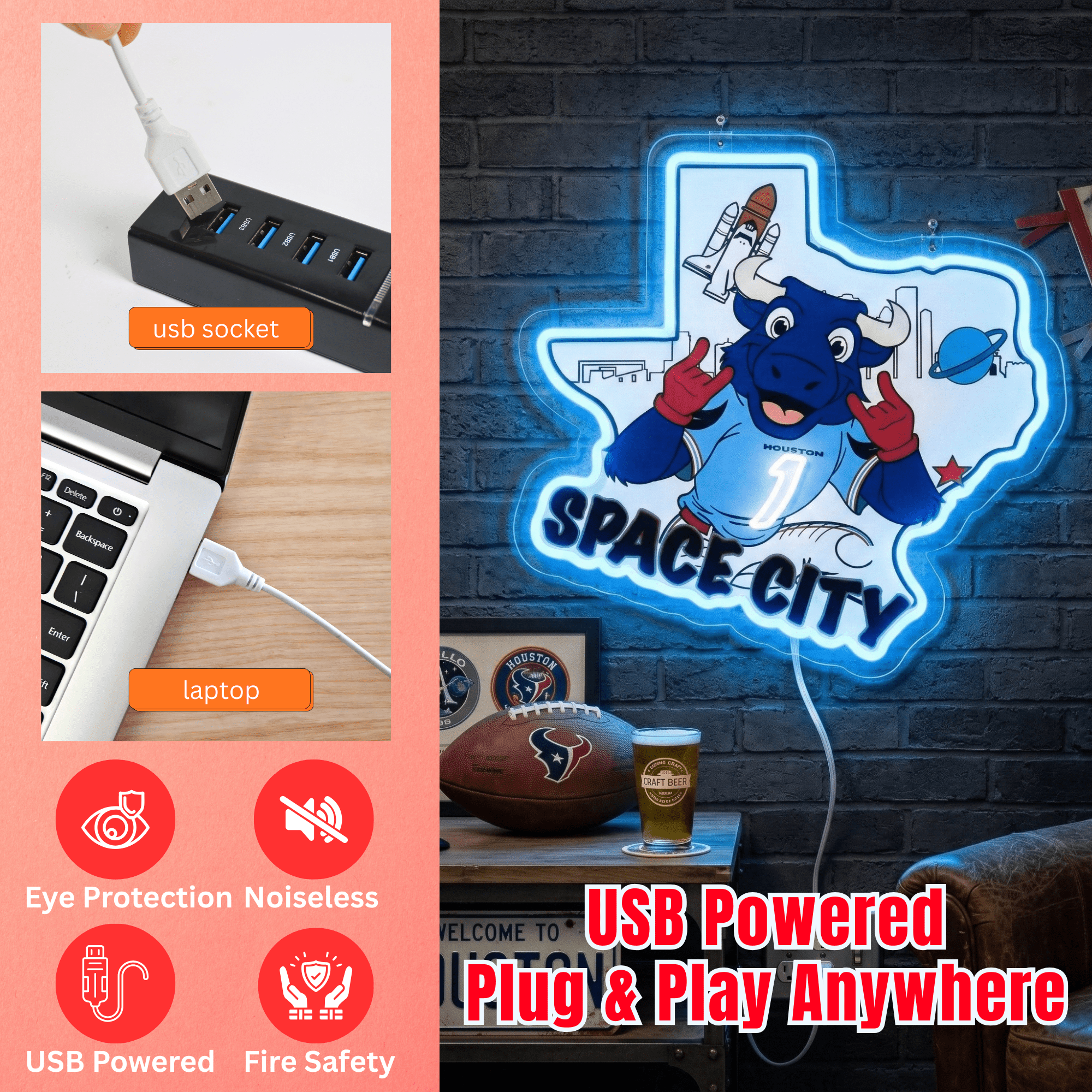 ShineNeon™ Houston Space City Texas Bull LED Neon Sign Multi - Color Sport Cave Vibe USB Power - Shineneon