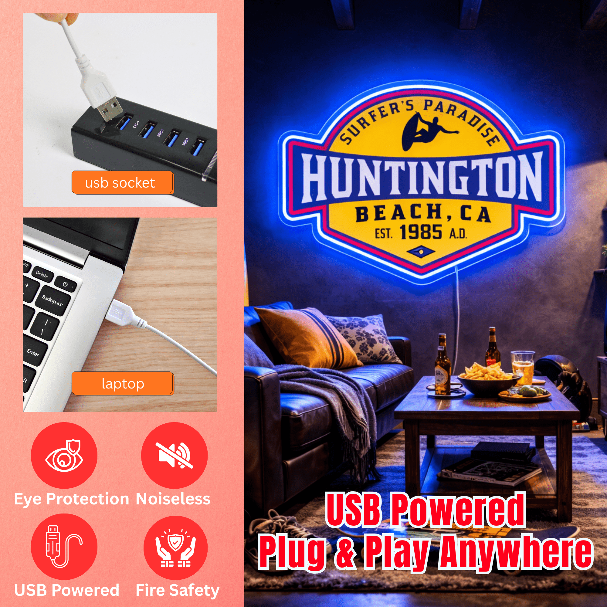 ShineNeon™ Huntington Beach CA Surfers Paradise LED Neon Sign - Retro Wall Decor USB Powered - Shineneon
