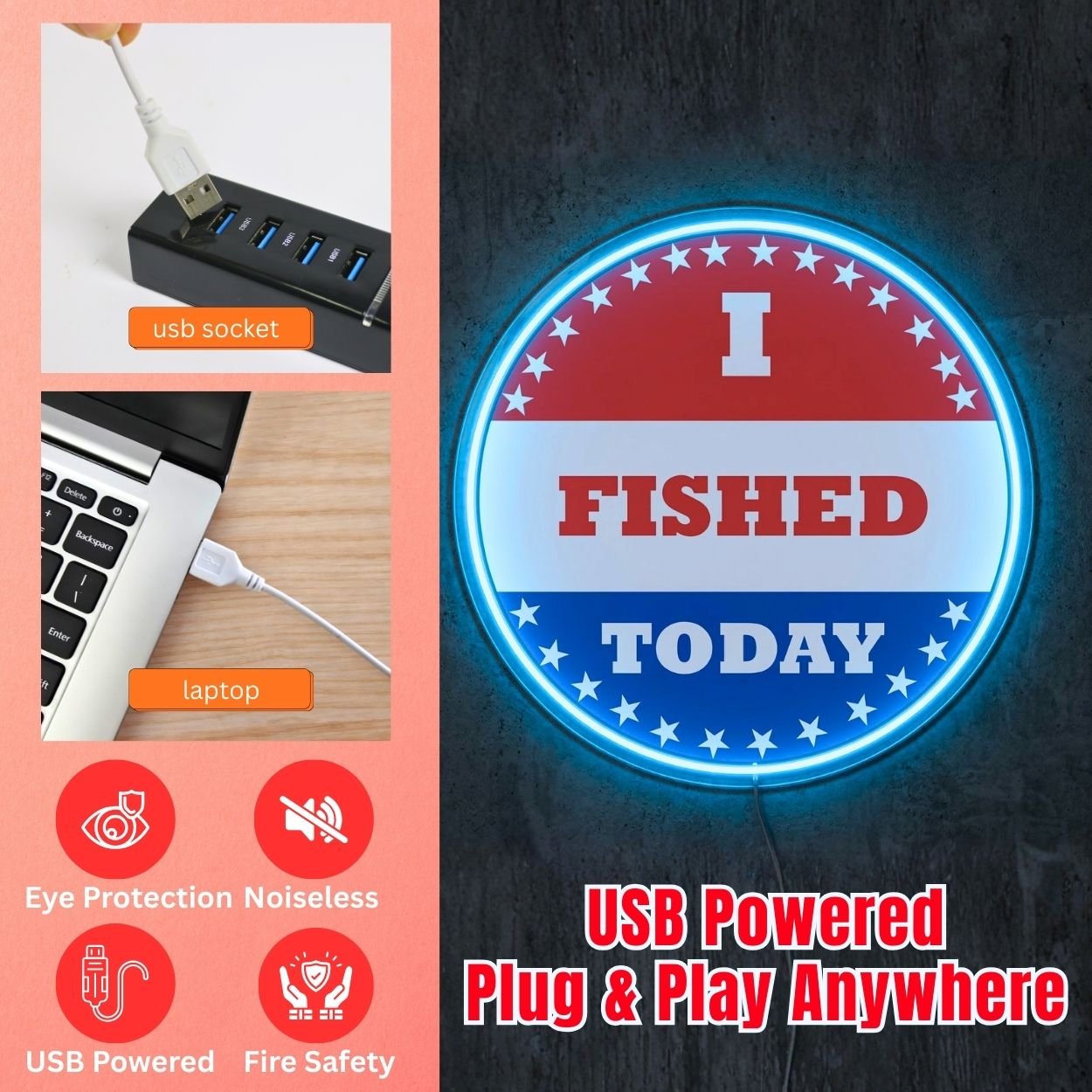 ShineNeon™ I Fished Today Neon Sign Patriotic American Badge Wall Decor USB Powered - Shineneon