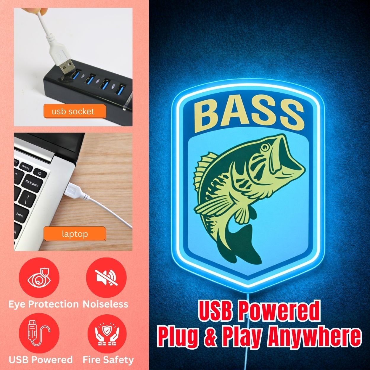 ShineNeon™ Largemouth Bass Fishing Neon Sign Outdoor Sportsman Wall Art Decor USB Power - Shineneon