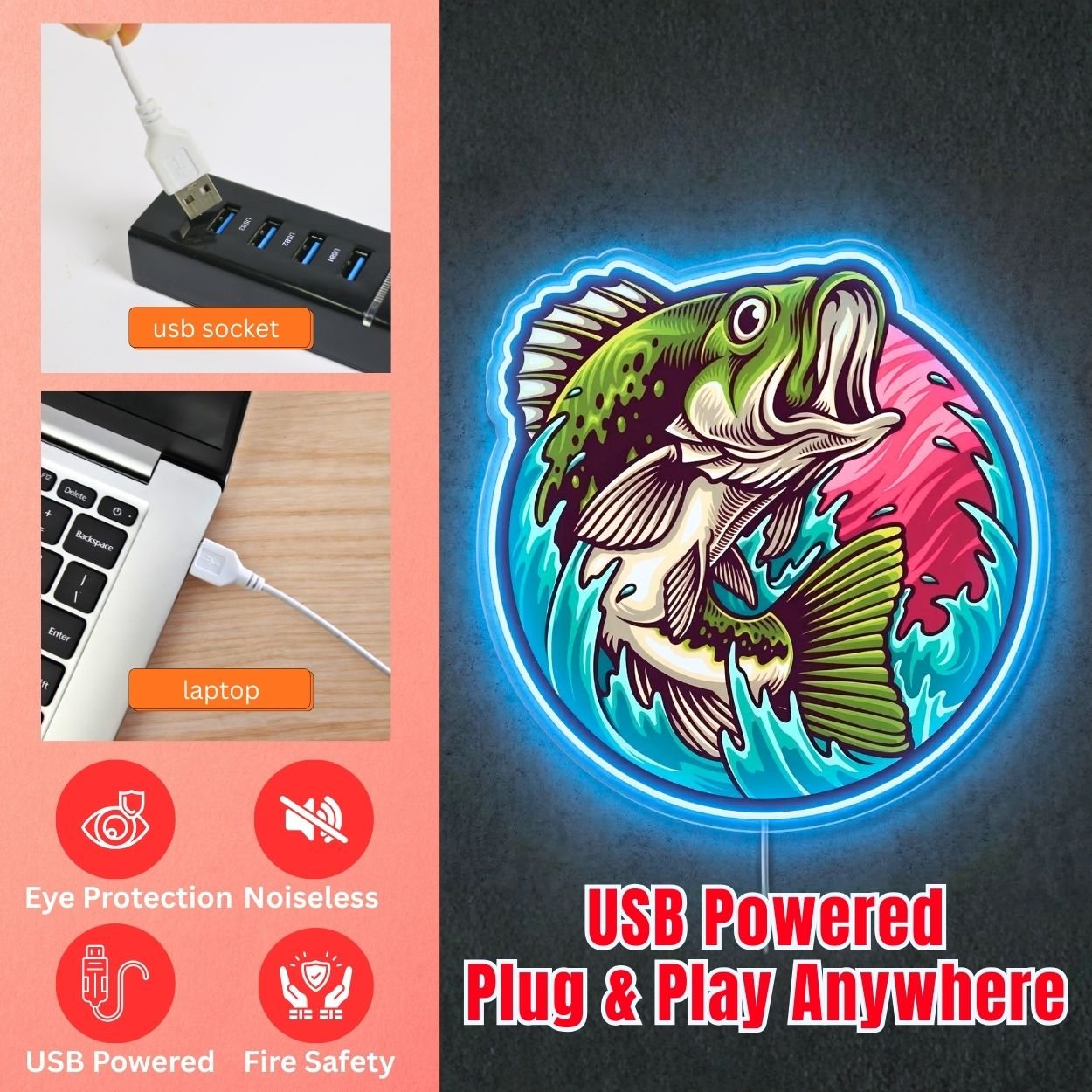 ShineNeon™ Largemouth Bass Leaping Neon Sign Dynamic Fishing Sunset Art USB Powered - Shineneon