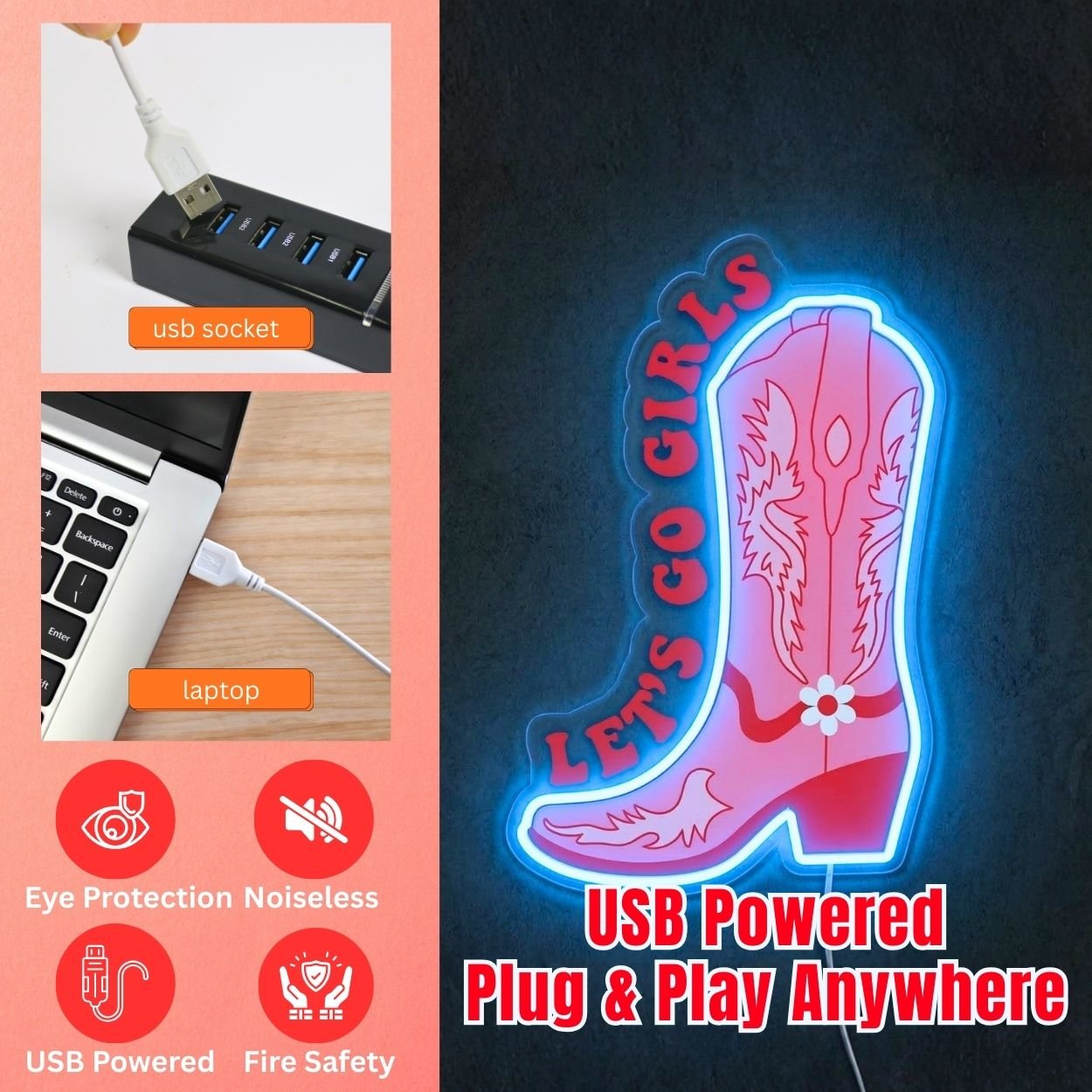 ShineNeon™ Let's Go Girls Pink Cowboy Boot Neon Sign Western Boho Wall Decor USB Power - Shineneon