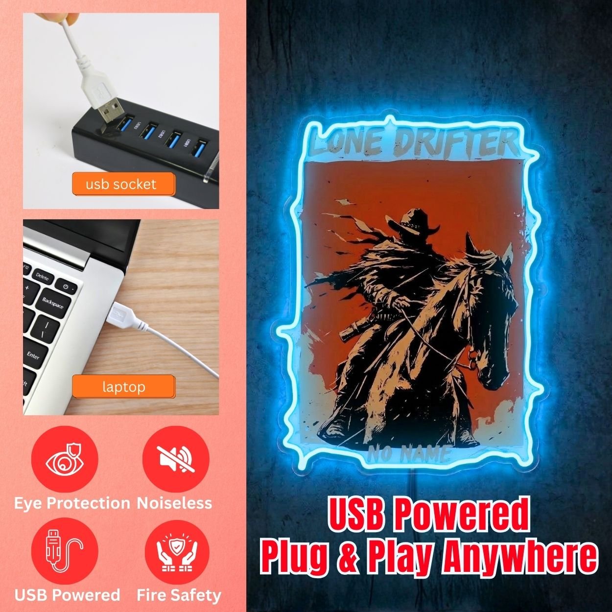 ShineNeon™ Lone Drifter Western Neon Sign Outlaw Cowboy Wall Art Decor USB Powered - Shineneon