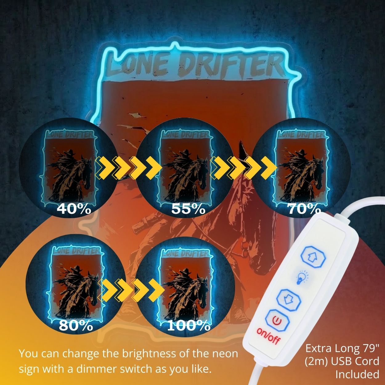 ShineNeon™ Lone Drifter Western Neon Sign Outlaw Cowboy Wall Art Decor USB Powered - Shineneon