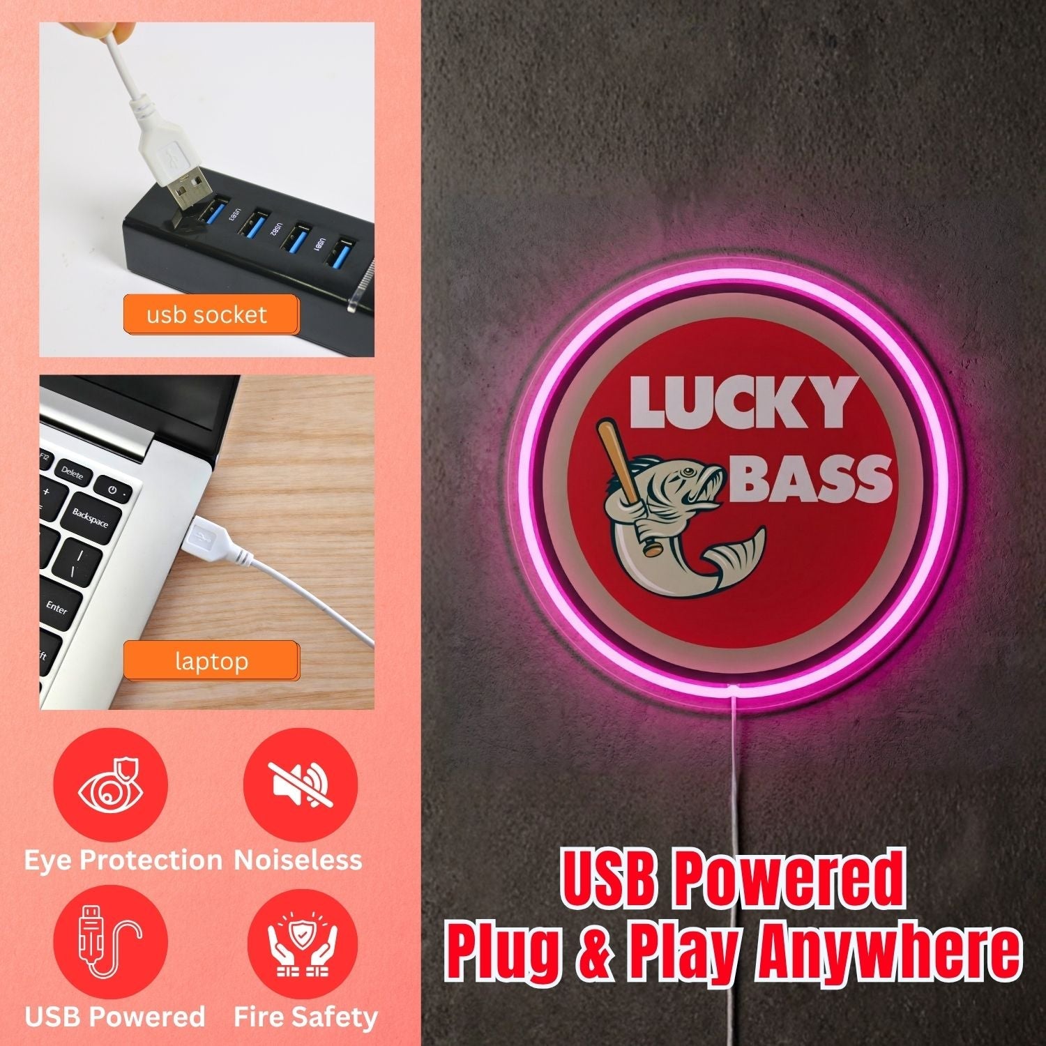 ShineNeon™ Lucky Bass Badge neon sign USB Power - Shineneon