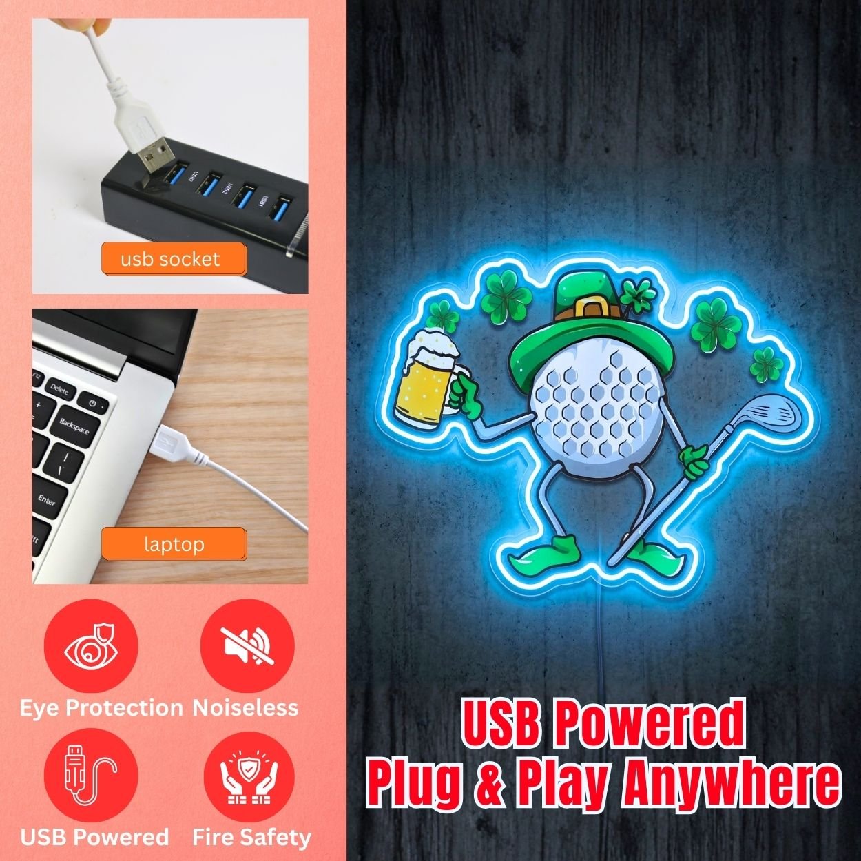 ShineNeon™ Lucky Golf Ball Neon Sign St. Patrick’s Day 19th Hole Decor USB Power Neon Sign - Shineneon