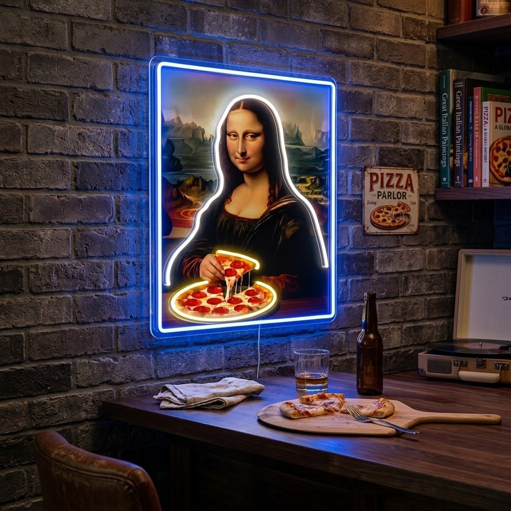 ShineNeon™ Mona Lisa Eating Pizza Classic Art Neon Sign USB Power - Shineneon