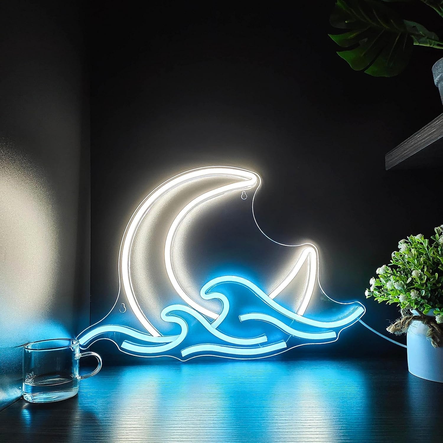 ShineNeon™ Moon & Ocean Waves LED Neon Sign - Serene Coastal Wall Decor for Bedroom - Shineneon