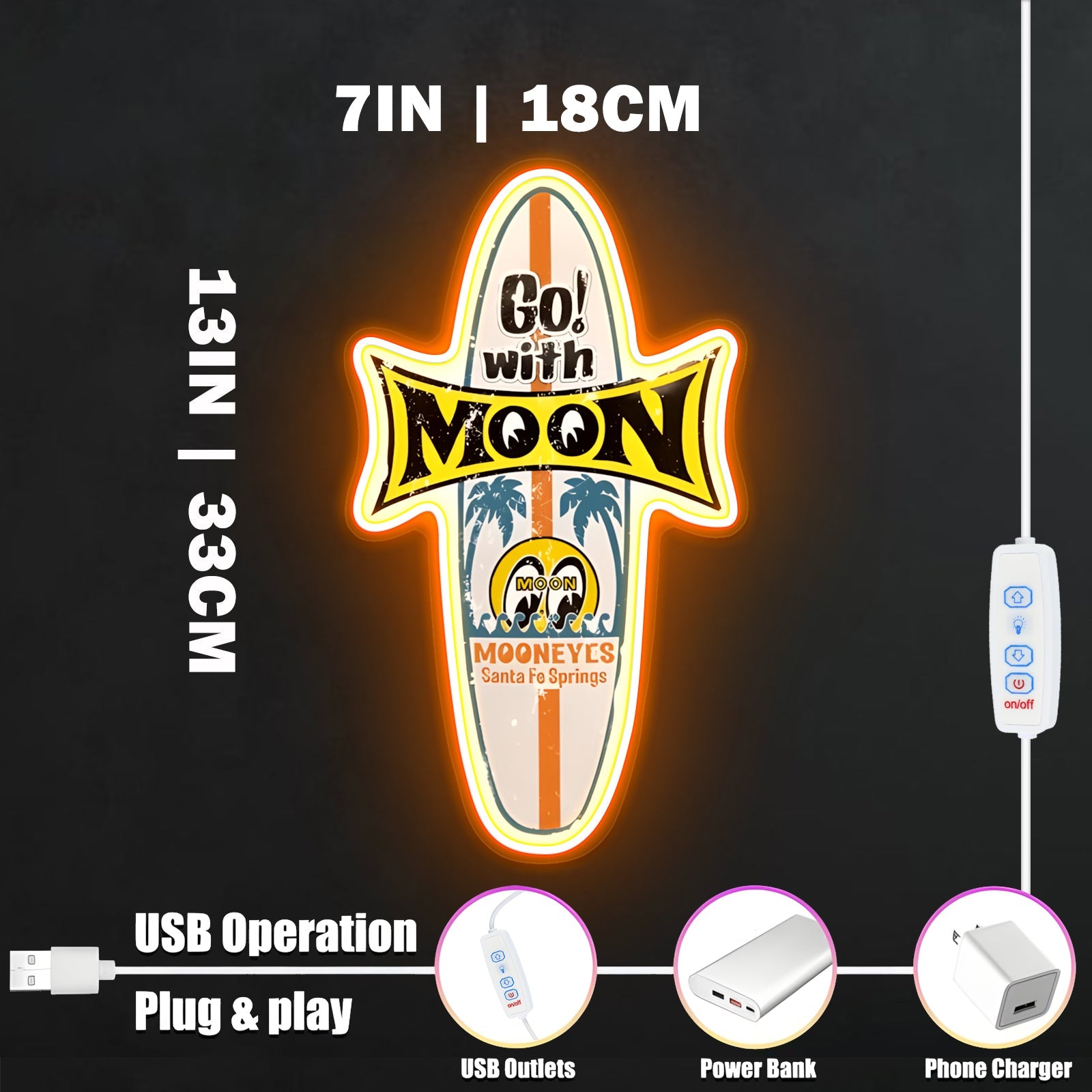 ShineNeon™ Mooneyes Surfboard LED Neon Sign - Retro Surf Wall Art Decor (USB Powered) - Shineneon