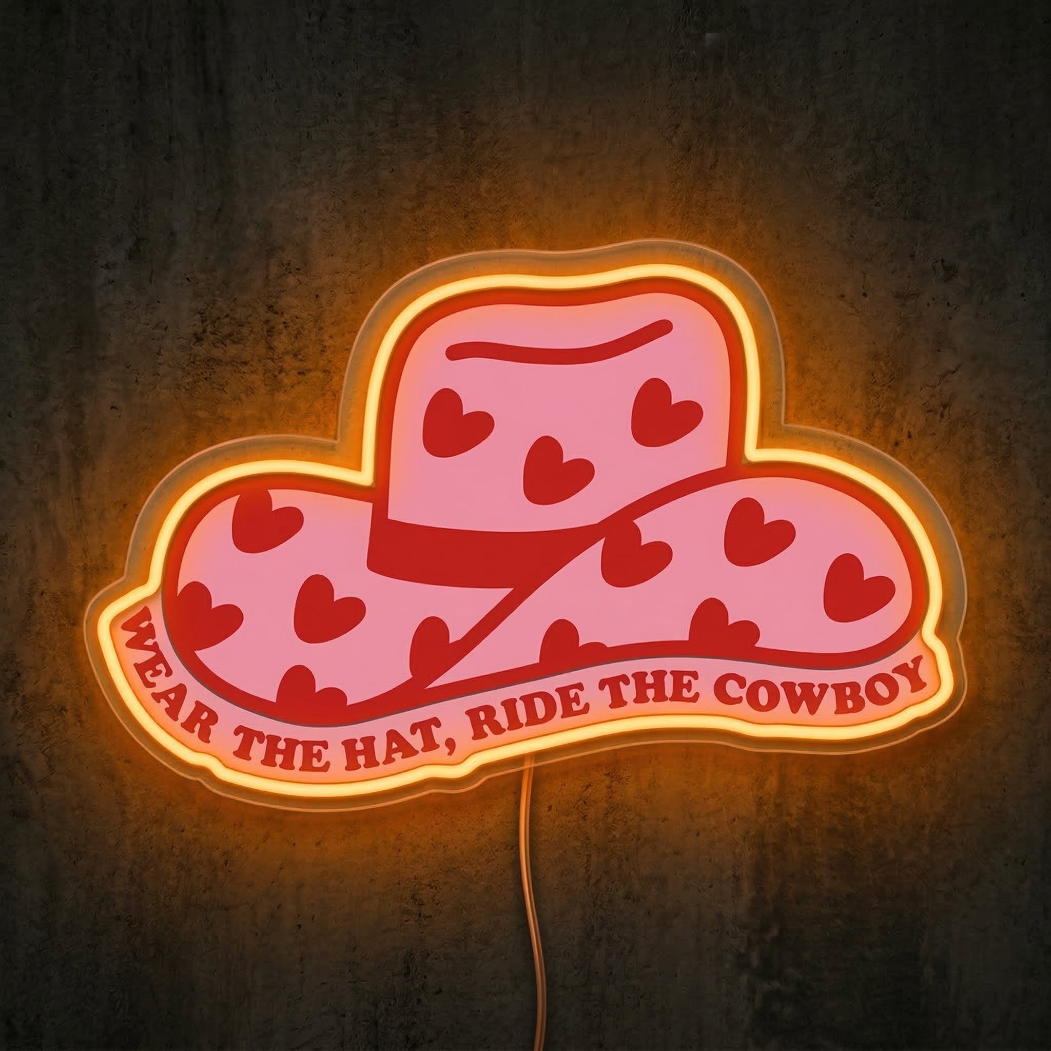 ShineNeon™ Pink Cowgirl Hat Neon Sign Heart Pattern Western Decor Art USB Powered - Shineneon