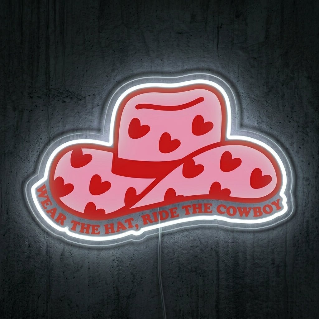 ShineNeon™ Pink Cowgirl Hat Neon Sign Heart Pattern Western Decor Art USB Powered - Shineneon