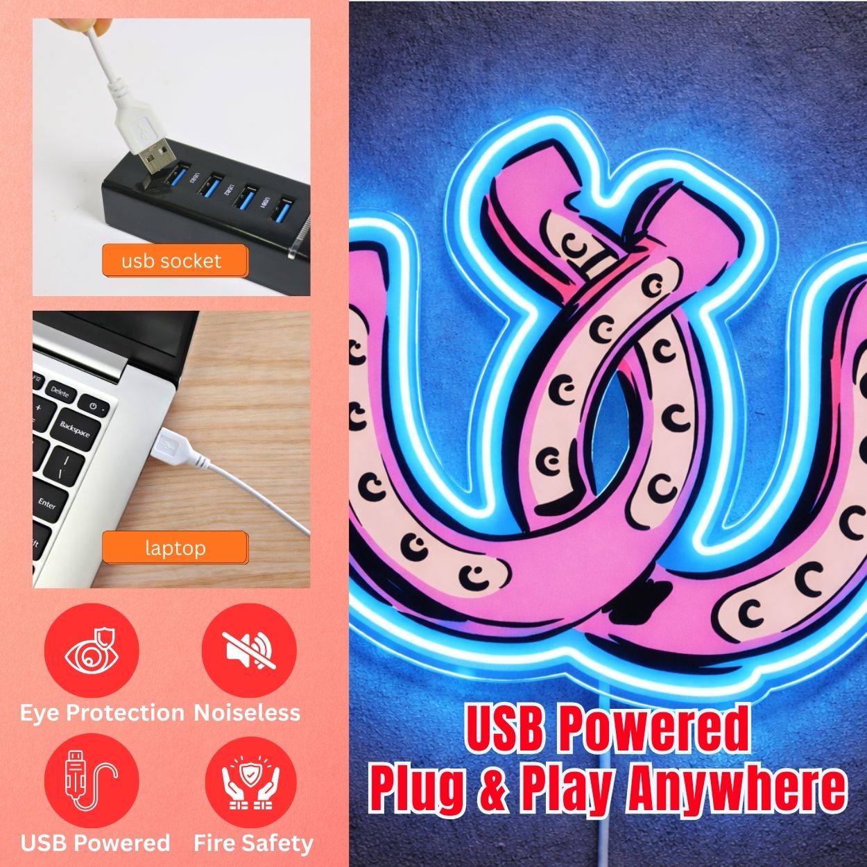 ShineNeon™ Pink Double Horseshoe LED Neon Sign Western Lucky Charm Wall Decor USB Power - Shineneon