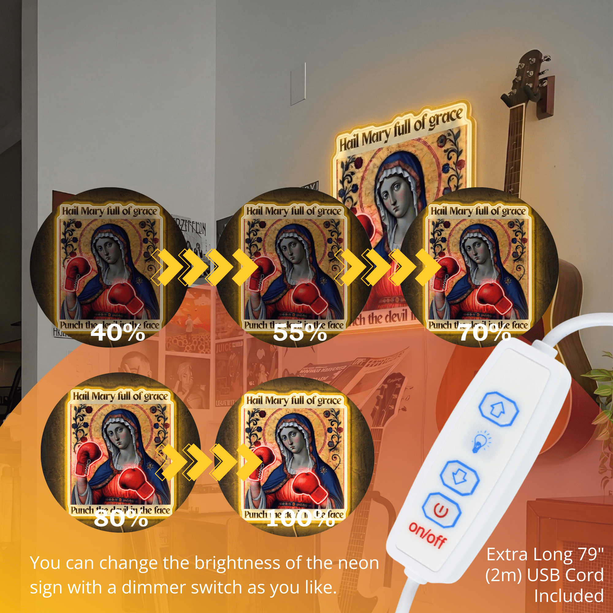 ShineNeon™ Punch The Devil Boxing Mary Neon Sign - Holy Art Glow & USB Power - Shineneon