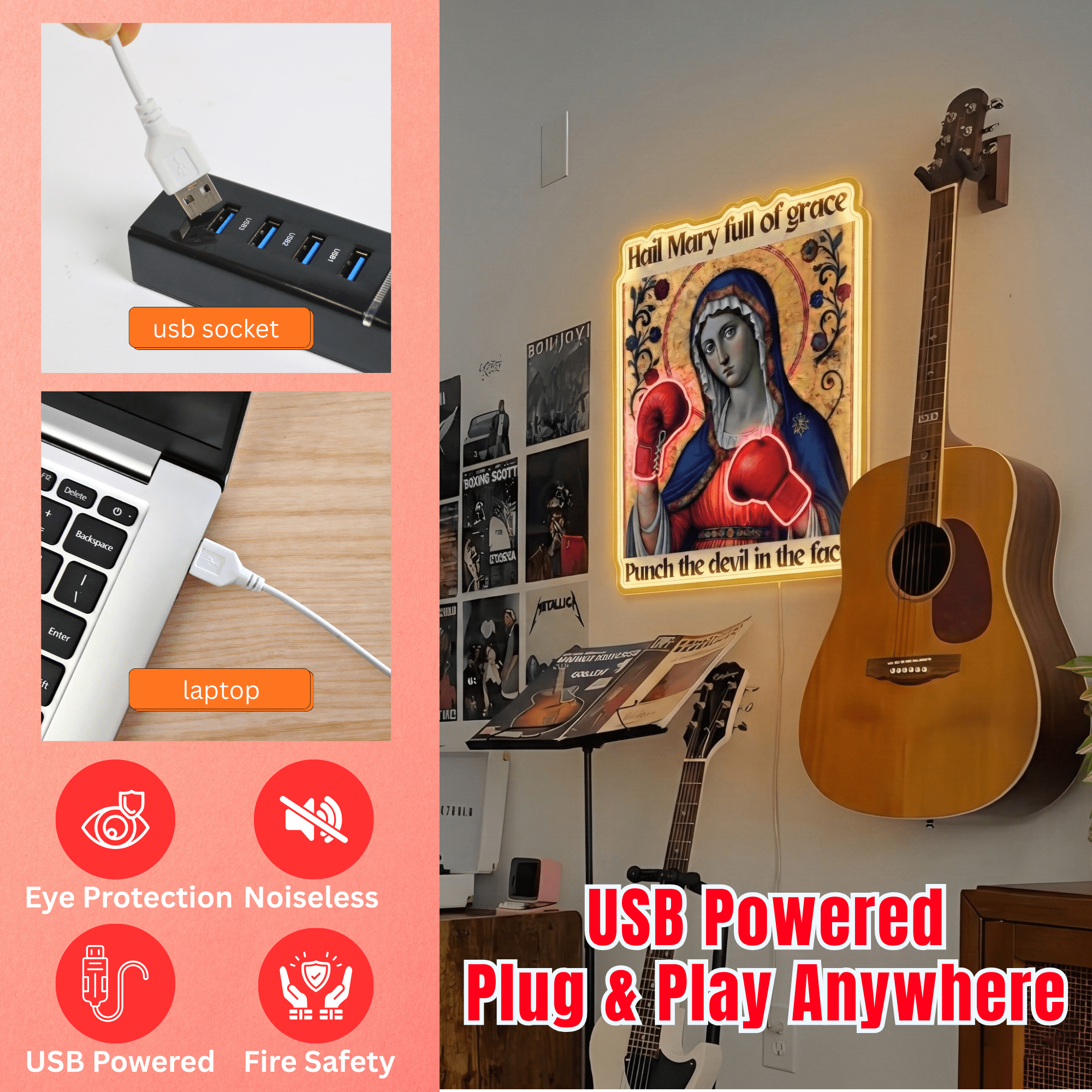ShineNeon™ Punch The Devil Boxing Mary Neon Sign - Holy Art Glow & USB Power - Shineneon