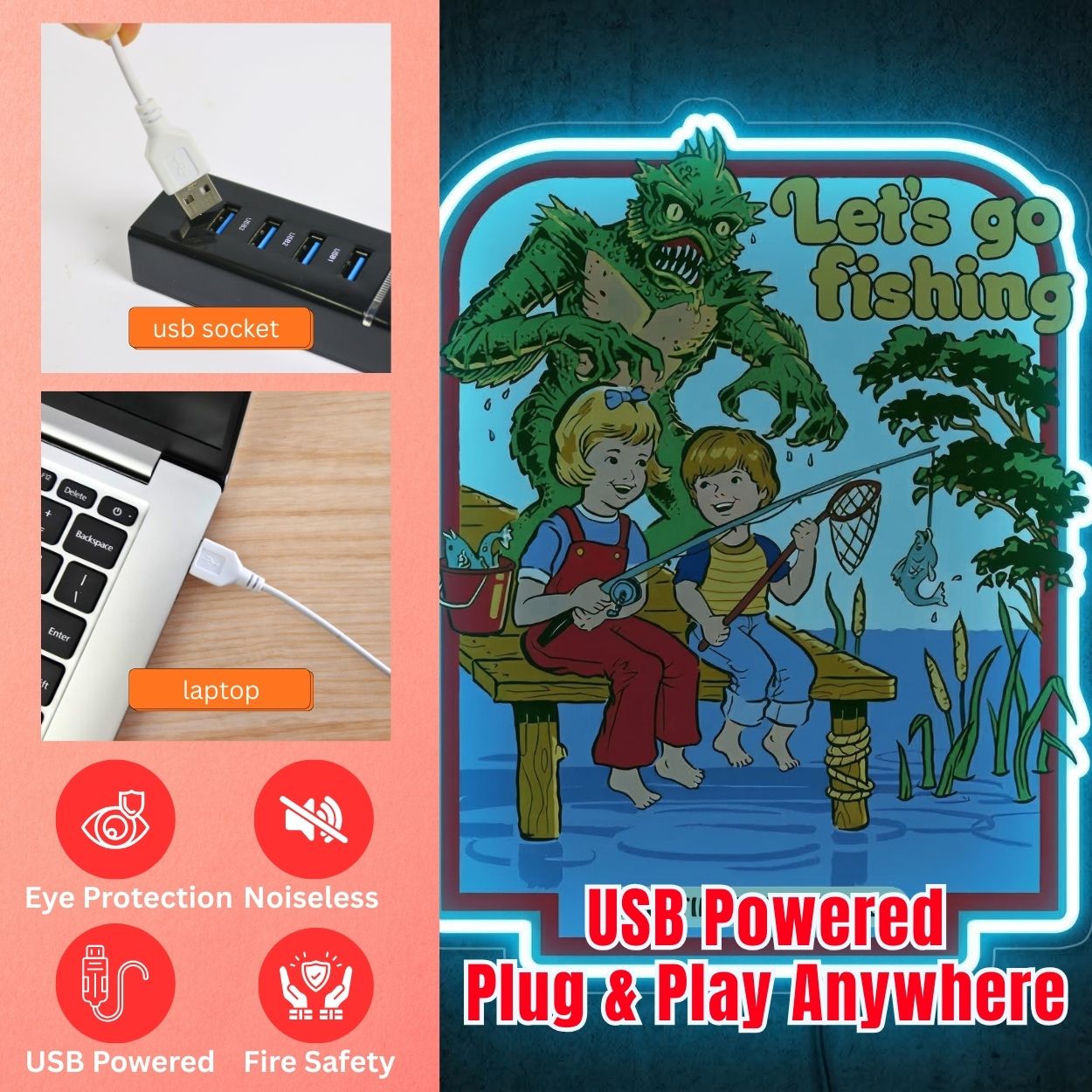 ShineNeon™ Retro Let's Go Fishing Neon Sign Funny Horror Creature Wall Decor USB Power - Shineneon