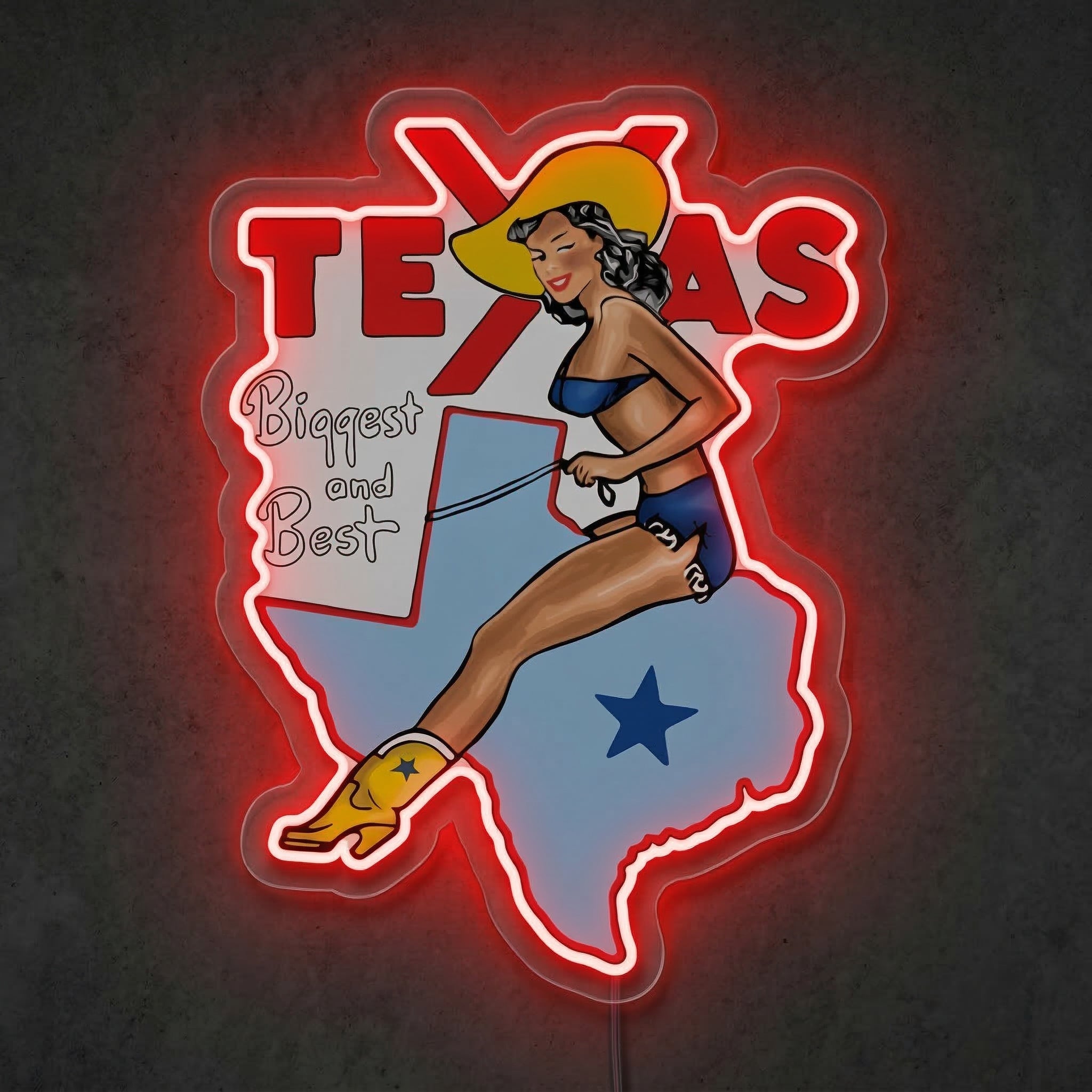 ShineNeon™ Retro Texas Pin - Up Girl Neon Sign Vintage Western Map Art Decor USB Power - Shineneon