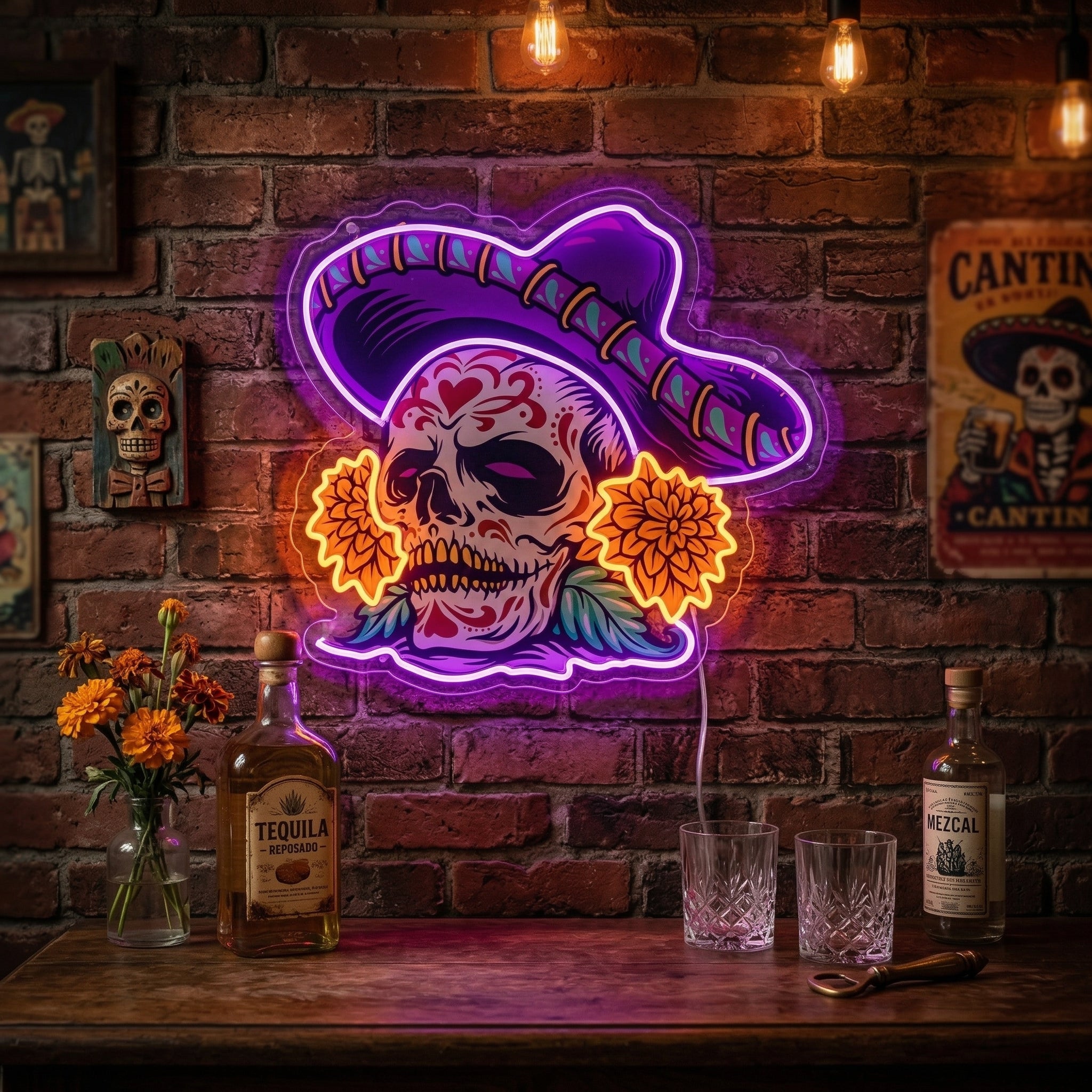 ShineNeon™ Sombrero Sugar Skull Neon Sign - Vibrant Day of the Dead Wall Decor for Man Cave - Shineneon
