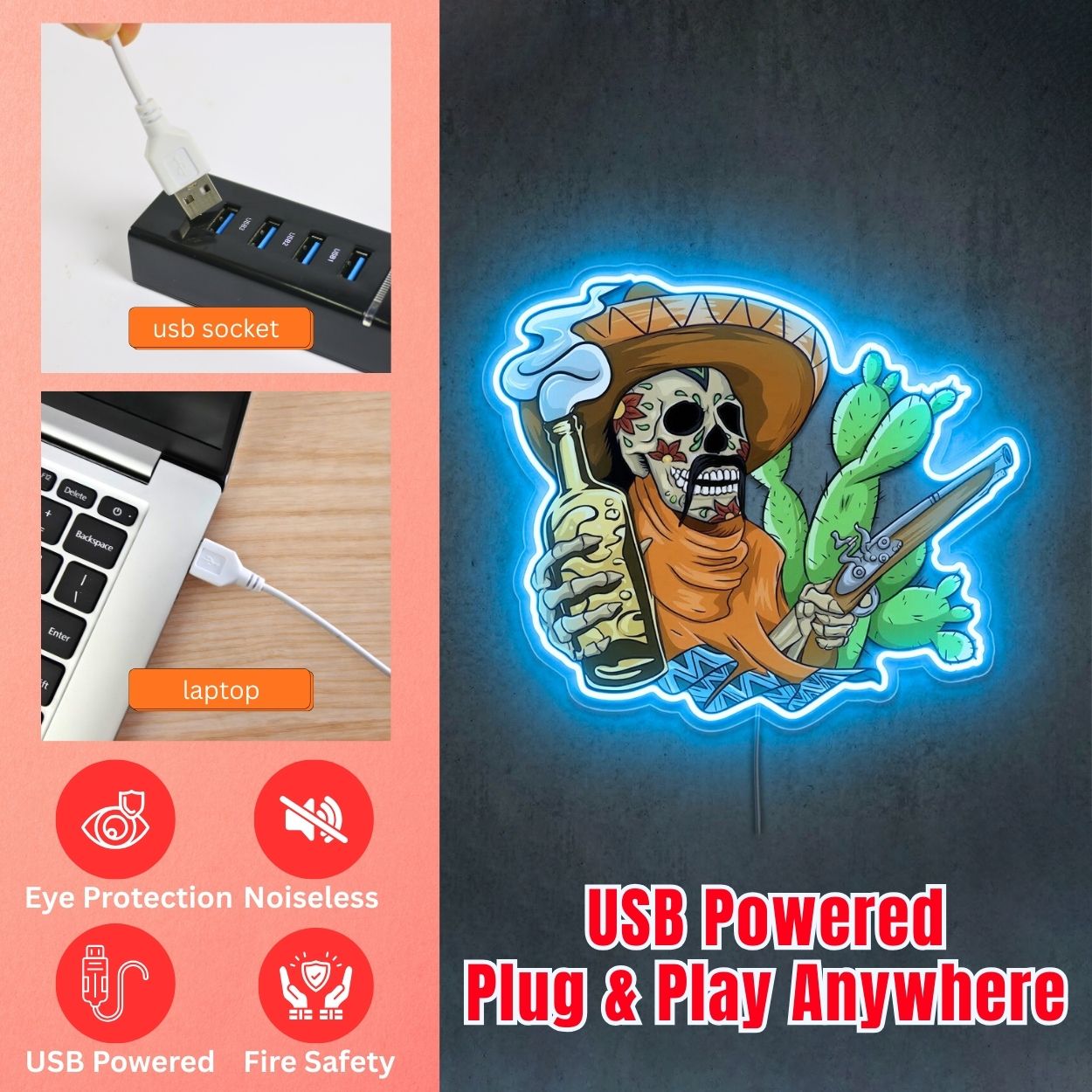 ShineNeon™ Sugar Skull Outlaw Neon Sign Desert Tequila Wall Art USB Powered Neon Sign - Shineneon