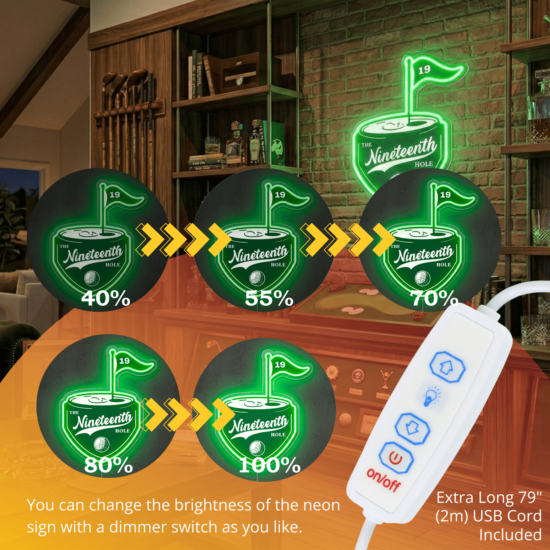 ShineNeon™ The 19th Hole Golf LED Neon Sign Green Pub Decor Bar Wall Art USB Powered - Shineneon