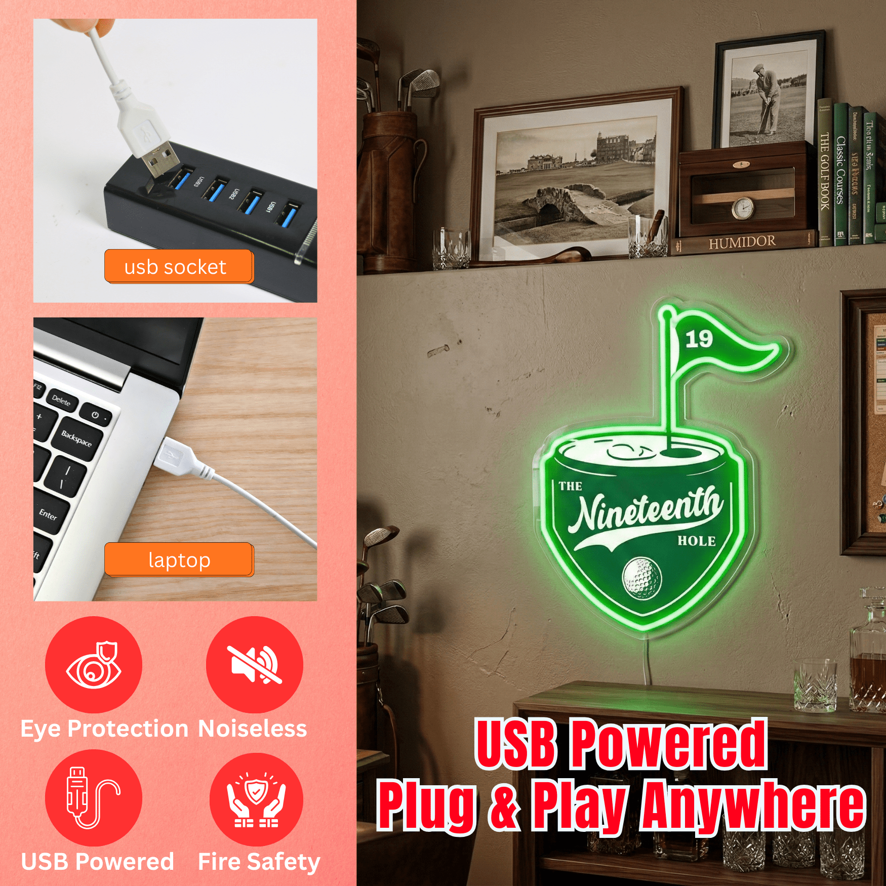 ShineNeon™ The 19th Hole Golf LED Neon Sign Green Pub Decor Bar Wall Art USB Powered - Shineneon