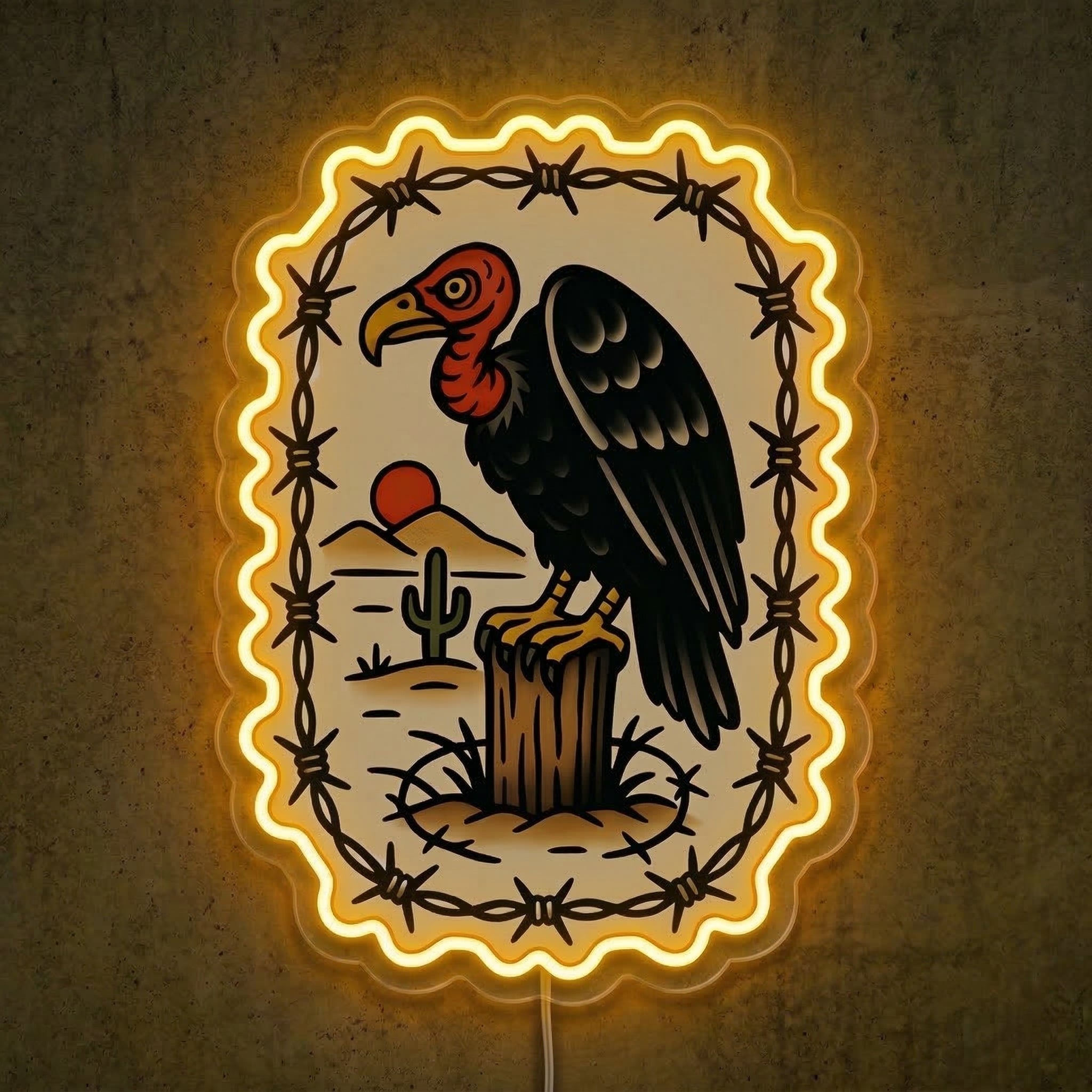 ShineNeon™ Traditional Tattoo Vulture Neon Sign Desert Barbwire Wall Art USB Power - Shineneon