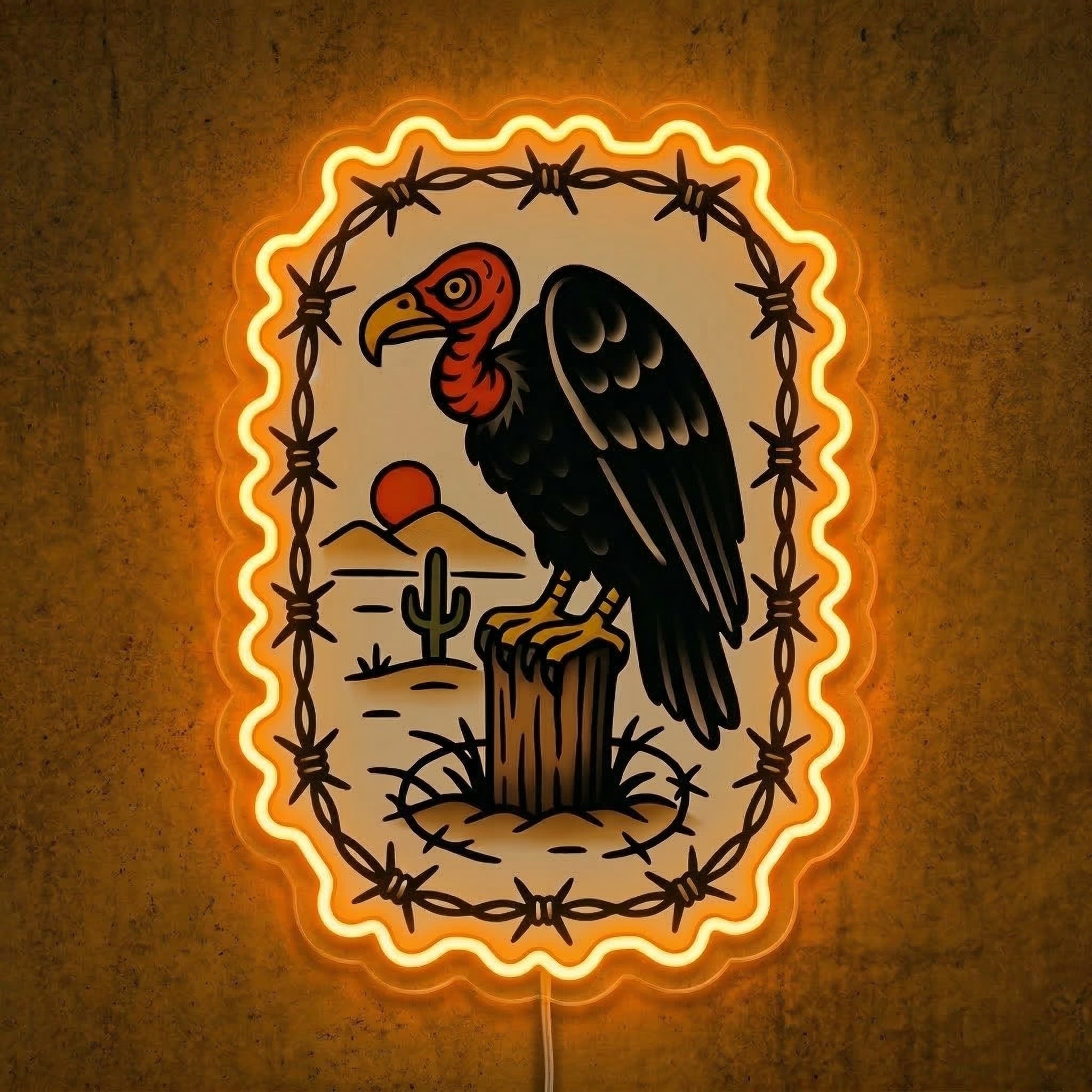 ShineNeon™ Traditional Tattoo Vulture Neon Sign Desert Barbwire Wall Art USB Power - Shineneon
