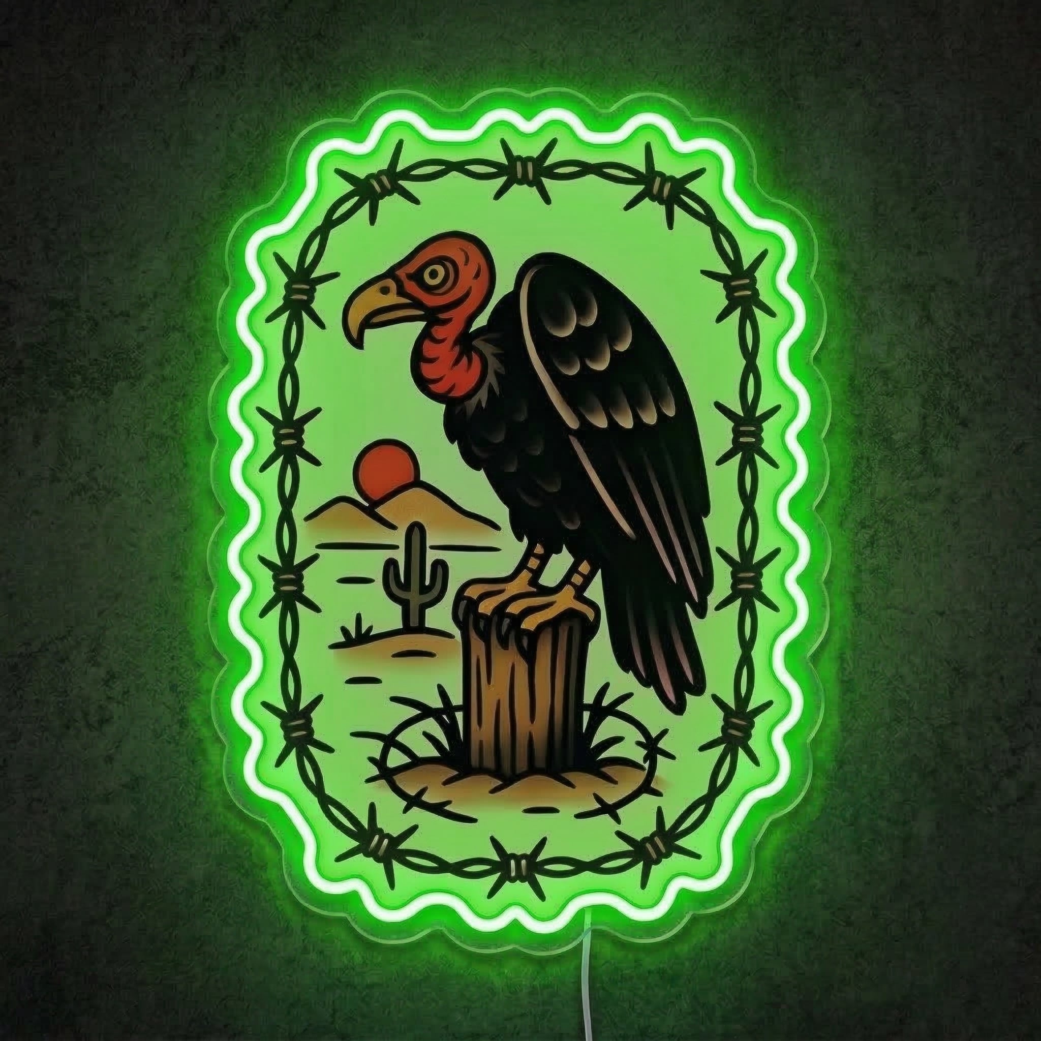 ShineNeon™ Traditional Tattoo Vulture Neon Sign Desert Barbwire Wall Art USB Power - Shineneon