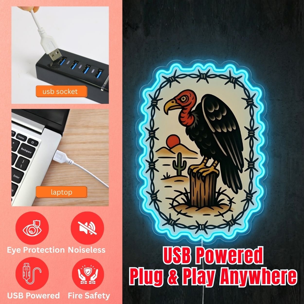 ShineNeon™ Traditional Tattoo Vulture Neon Sign Desert Barbwire Wall Art USB Power - Shineneon