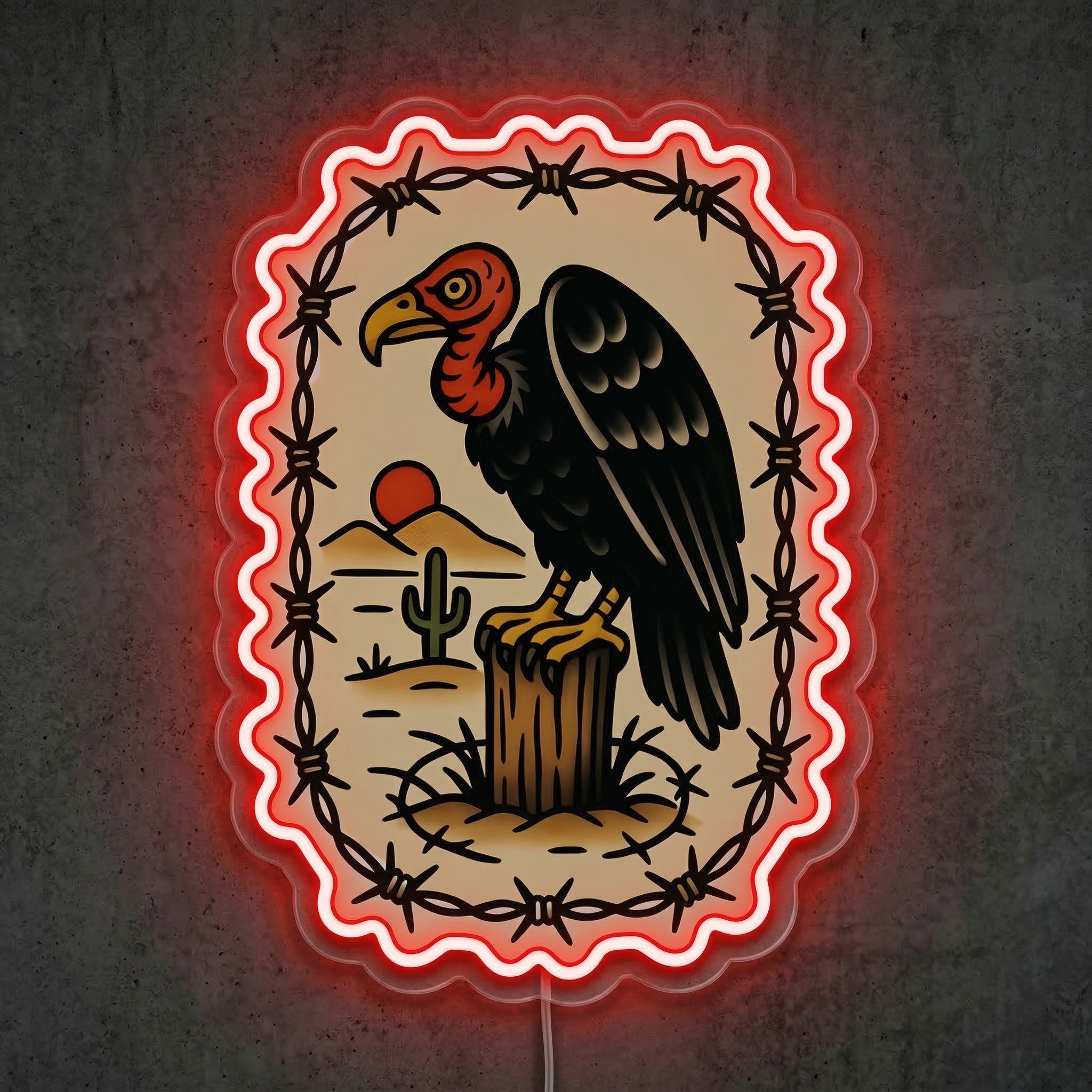 ShineNeon™ Traditional Tattoo Vulture Neon Sign Desert Barbwire Wall Art USB Power - Shineneon