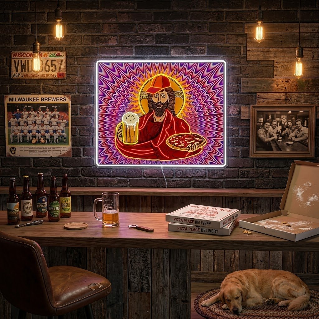 ShineNeon™ Trippy Jesus Beer And Pizza Party Neon Sign USB Power - Shineneon