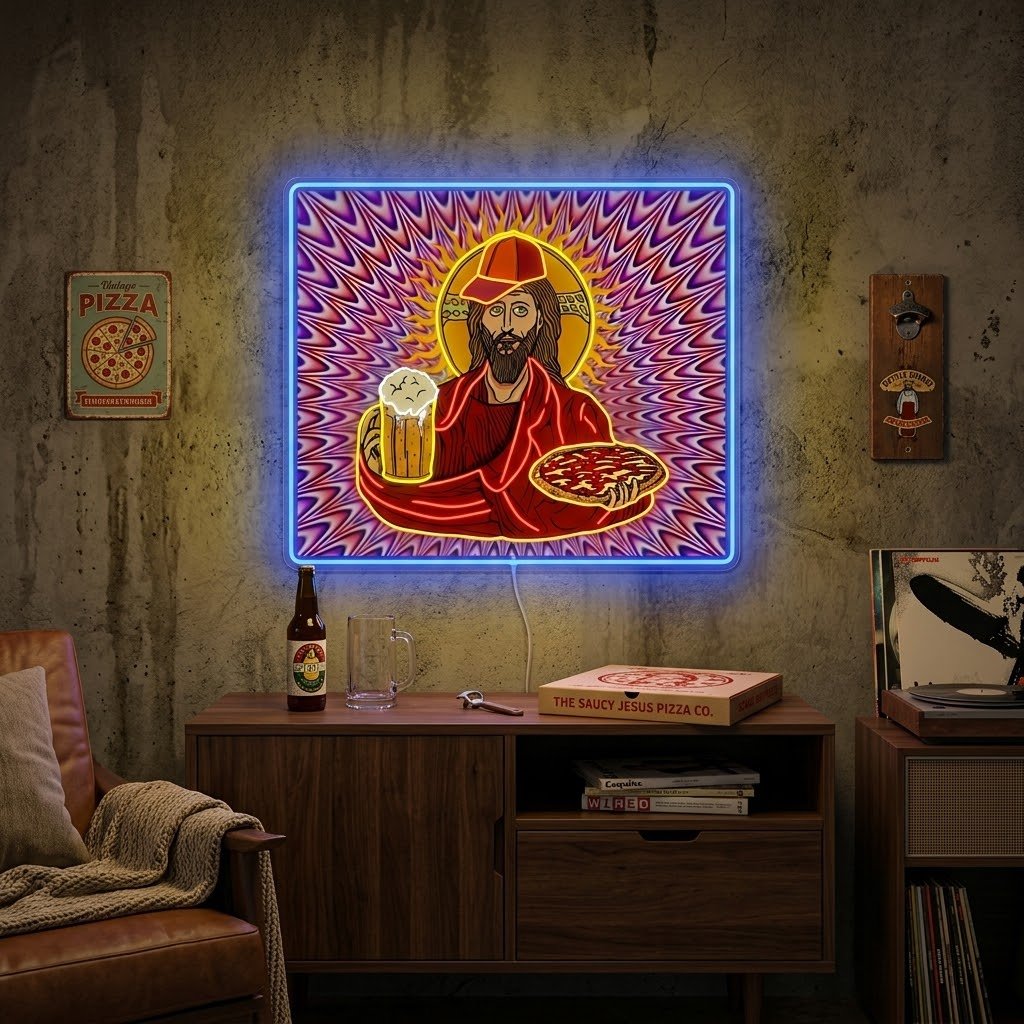 ShineNeon™ Trippy Jesus Beer And Pizza Party Neon Sign USB Power - Shineneon