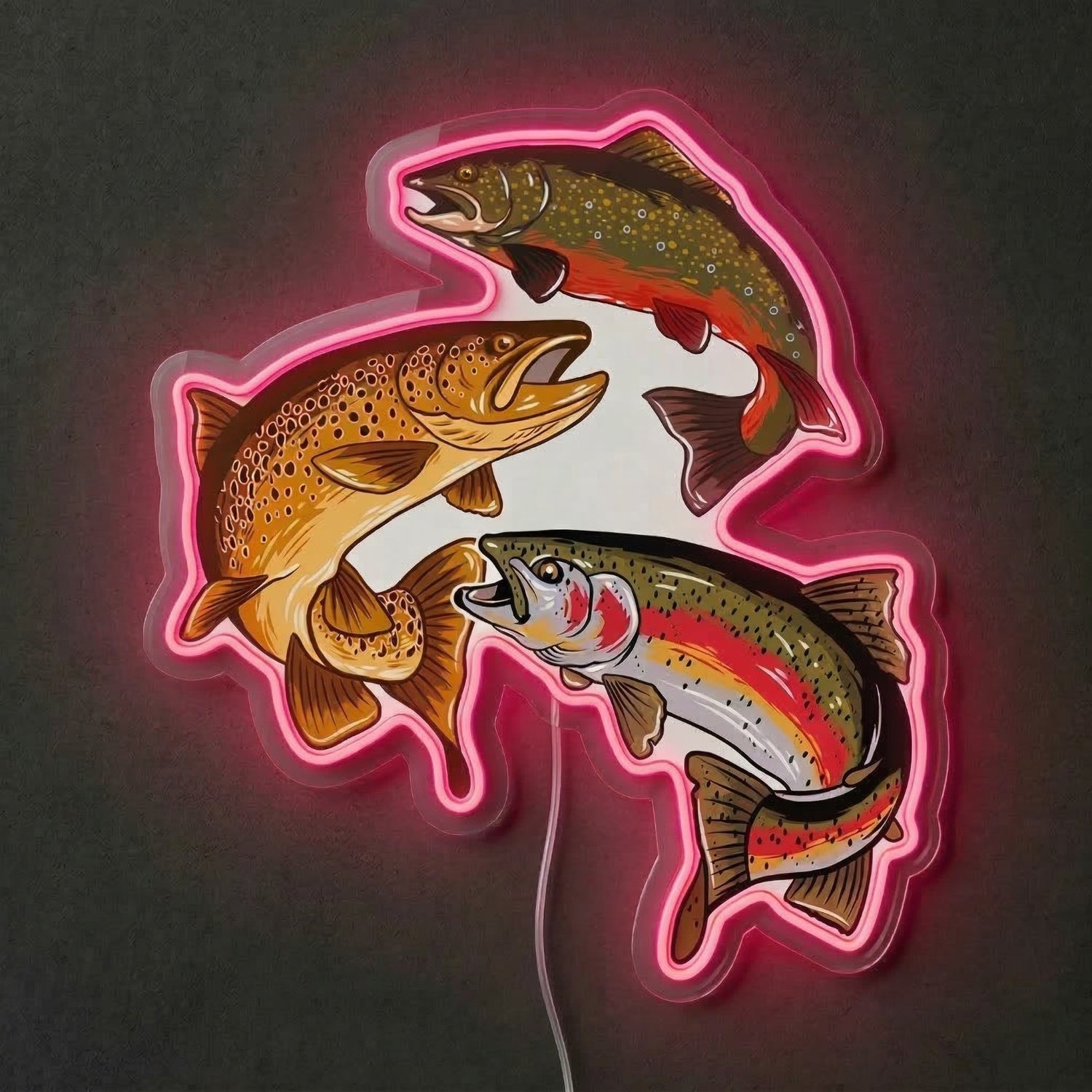 ShineNeon™ Trout Trio LED Neon Sign Rainbow Brown & Brook Trout Fishing Decor USB Power - Shineneon