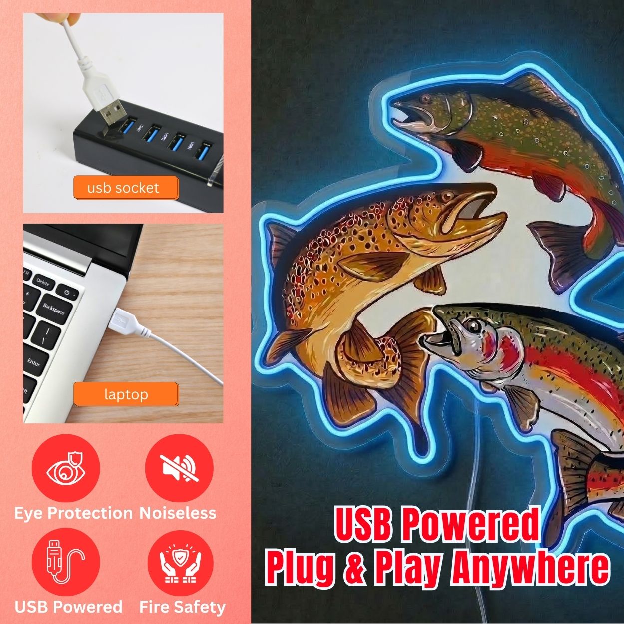 ShineNeon™ Trout Trio LED Neon Sign Rainbow Brown & Brook Trout Fishing Decor USB Power - Shineneon