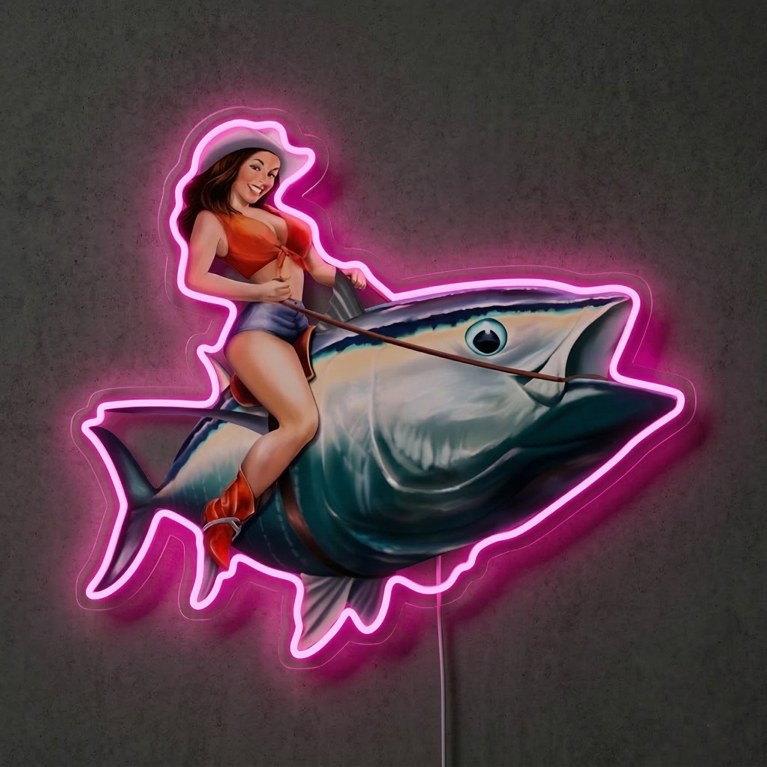 ShineNeon™ Tuna Rodeo Pin - Up Girl Neon Sign Coastal Fishing Wall Decor USB Powered - Shineneon