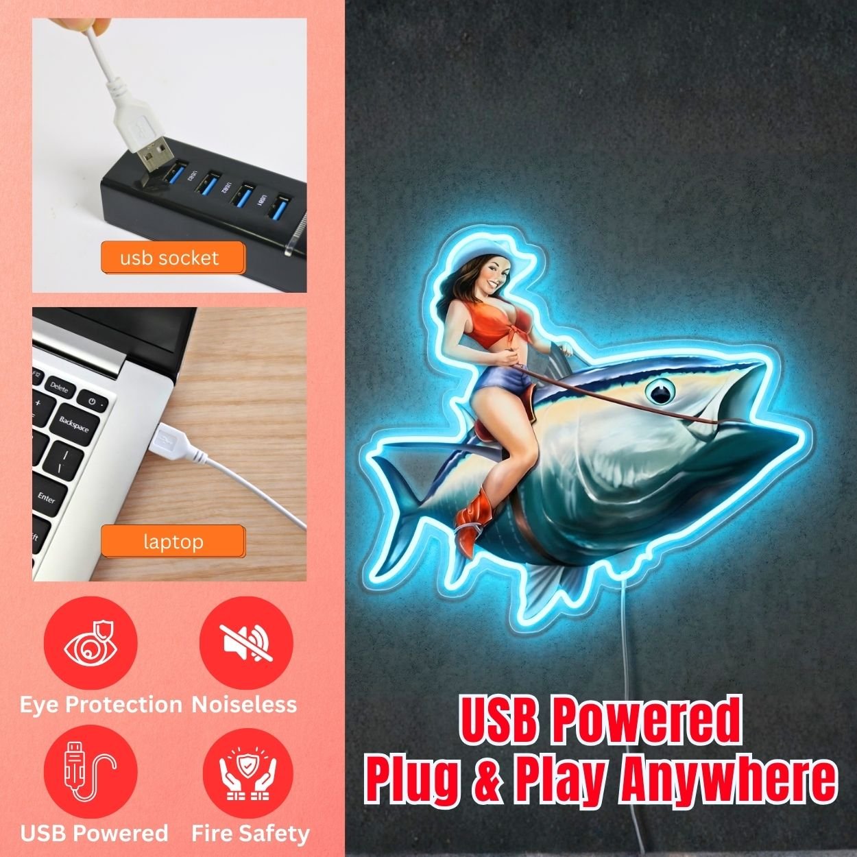 ShineNeon™ Tuna Rodeo Pin - Up Girl Neon Sign Coastal Fishing Wall Decor USB Powered - Shineneon