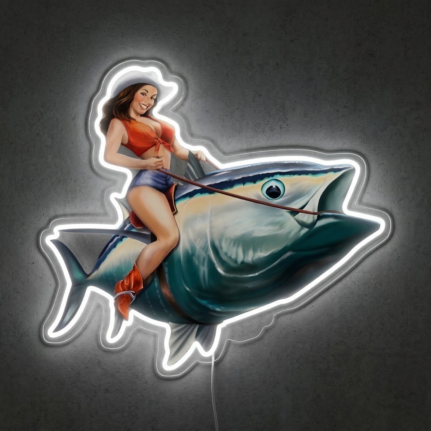 ShineNeon™ Tuna Rodeo Pin - Up Girl Neon Sign Coastal Fishing Wall Decor USB Powered - Shineneon