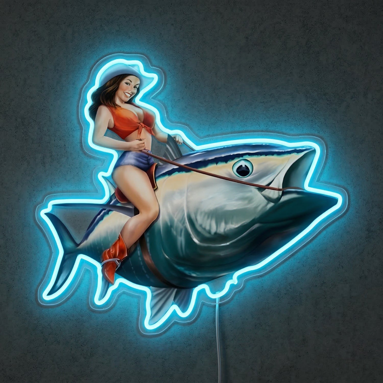 ShineNeon™ Tuna Rodeo Pin - Up Girl Neon Sign Coastal Fishing Wall Decor USB Powered - Shineneon