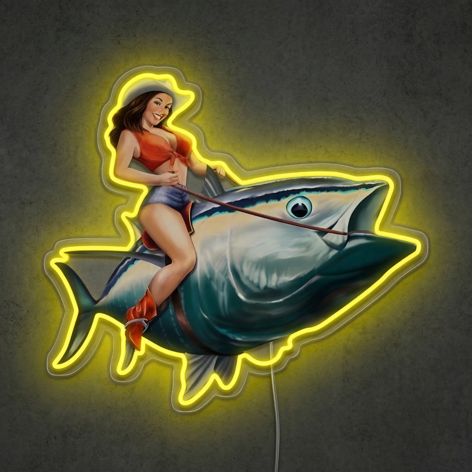 ShineNeon™ Tuna Rodeo Pin - Up Girl Neon Sign Coastal Fishing Wall Decor USB Powered - Shineneon