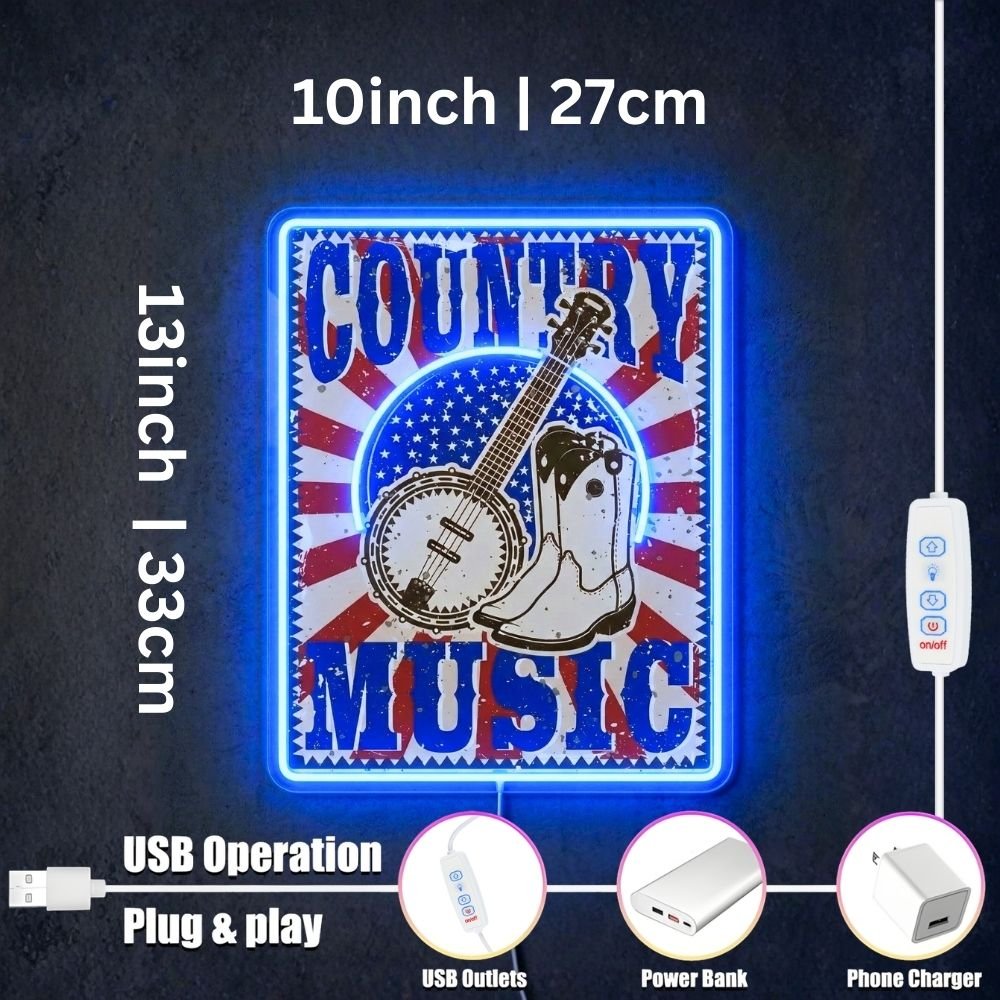 ShineNeon™ Vintage Country Music Banjo LED Neon Sign Rustic Americana Wall Art USB Power - Shineneon