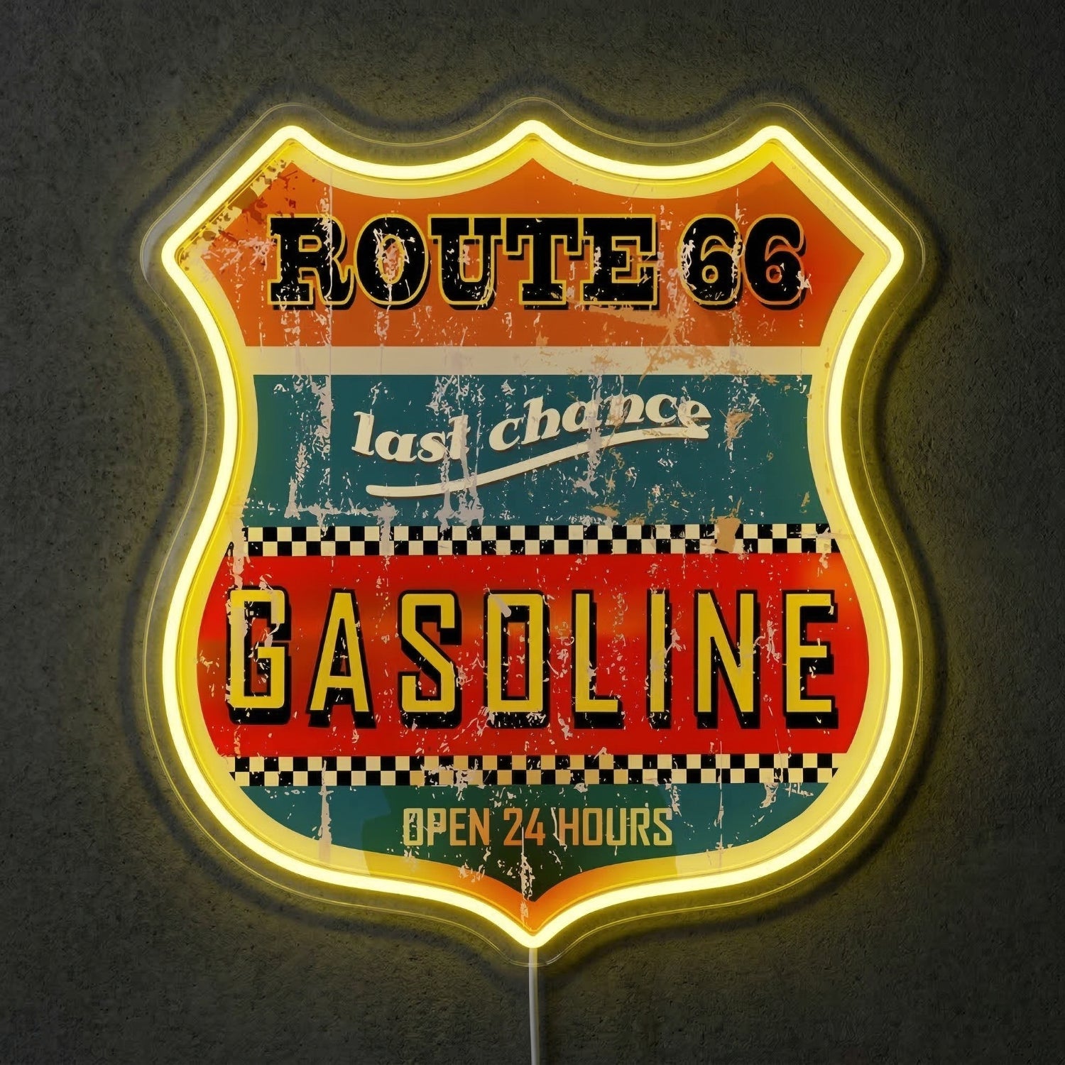 ShineNeon™ Vintage Route 66 Gasoline Neon Sign Distressed Garage Wall Art USB Power - Shineneon