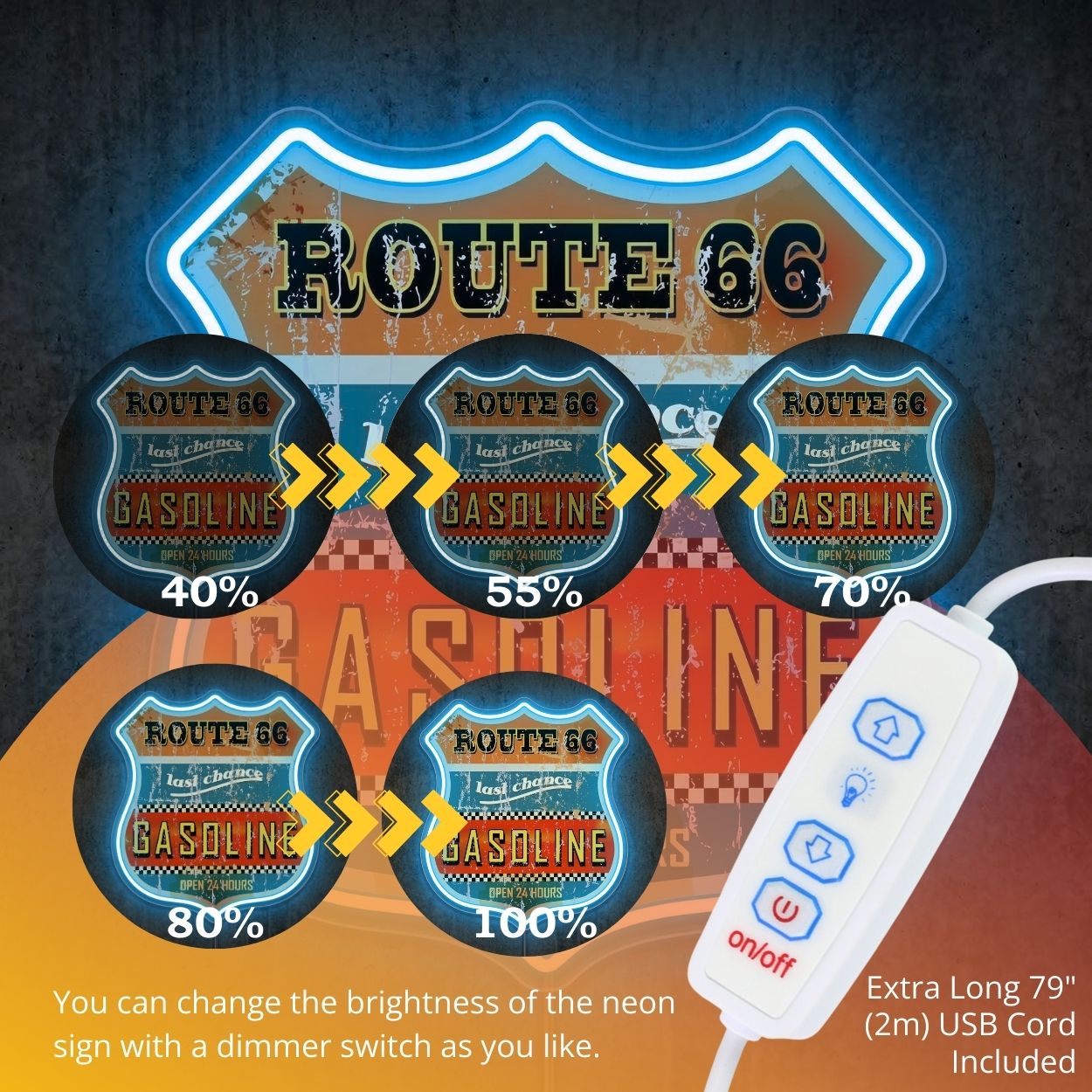ShineNeon™ Vintage Route 66 Gasoline Neon Sign Distressed Garage Wall Art USB Power - Shineneon